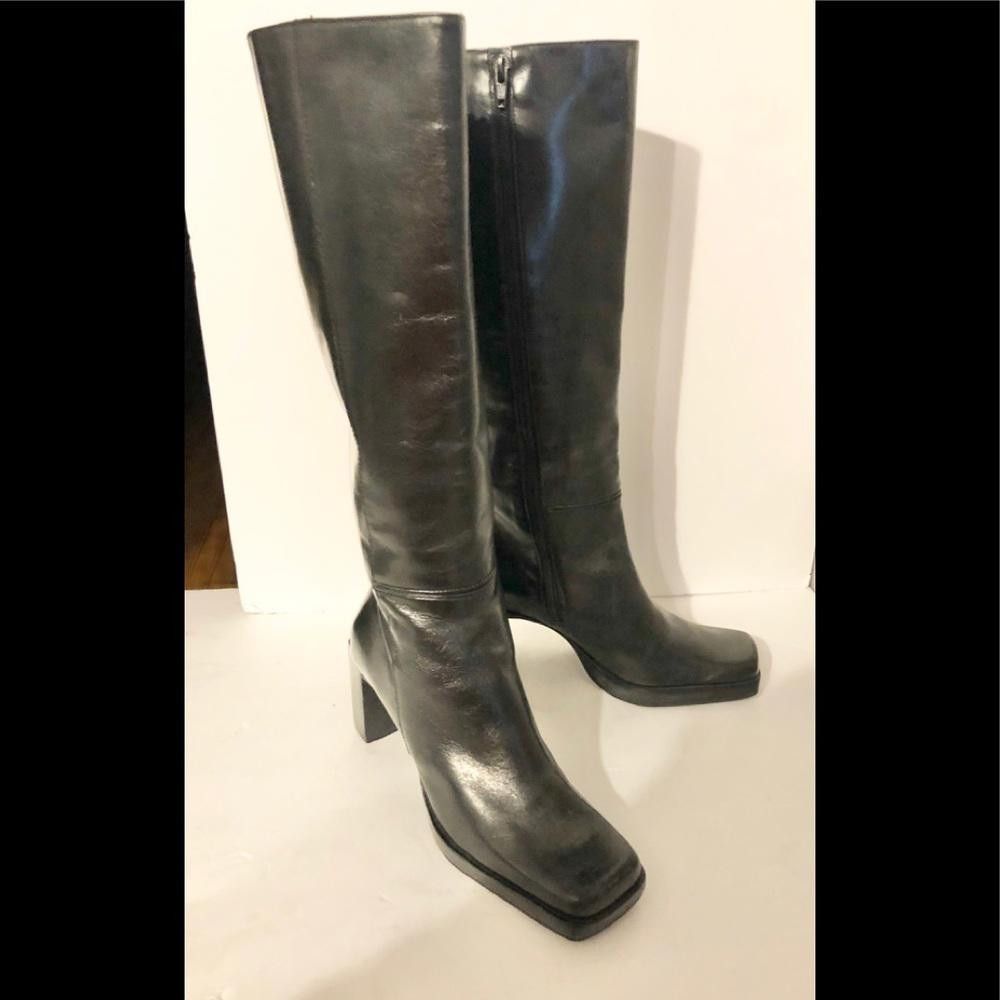 image of Il Conte Pazzo Pazzo Black Leather Knee-High Heel Shoesed Boots Size 6, Women's