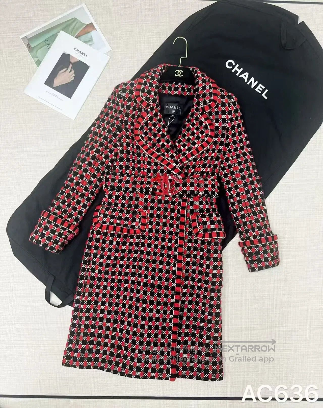 Chanel Chanel Red Black Plaid Long Coat. Size XS / US 0-2 / IT 36-38 - 1 Thumbnail
