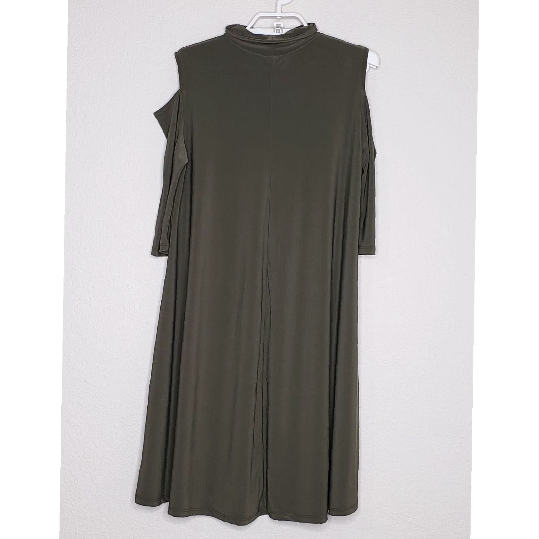 Vintage Clara Sun Woo Swing Dress XS Green 3/4 Cold Shoulder Mock Neck Knee Length Womens Size XS / US 0-2 / IT 36-38 - 3 Thumbnail