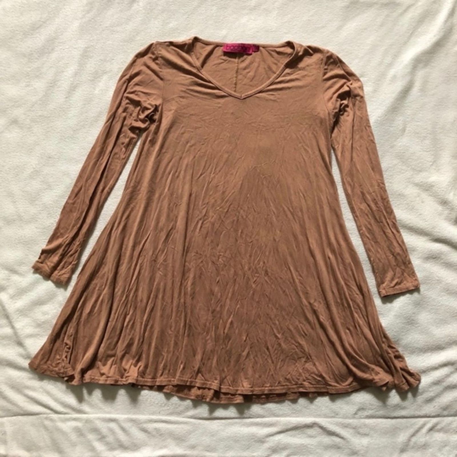Boohoo Boohoo Tan V-Neck Long Sleeve Swing Dress | Sz 4 Size S / US 4 / IT 40 - 2 Thumbnail