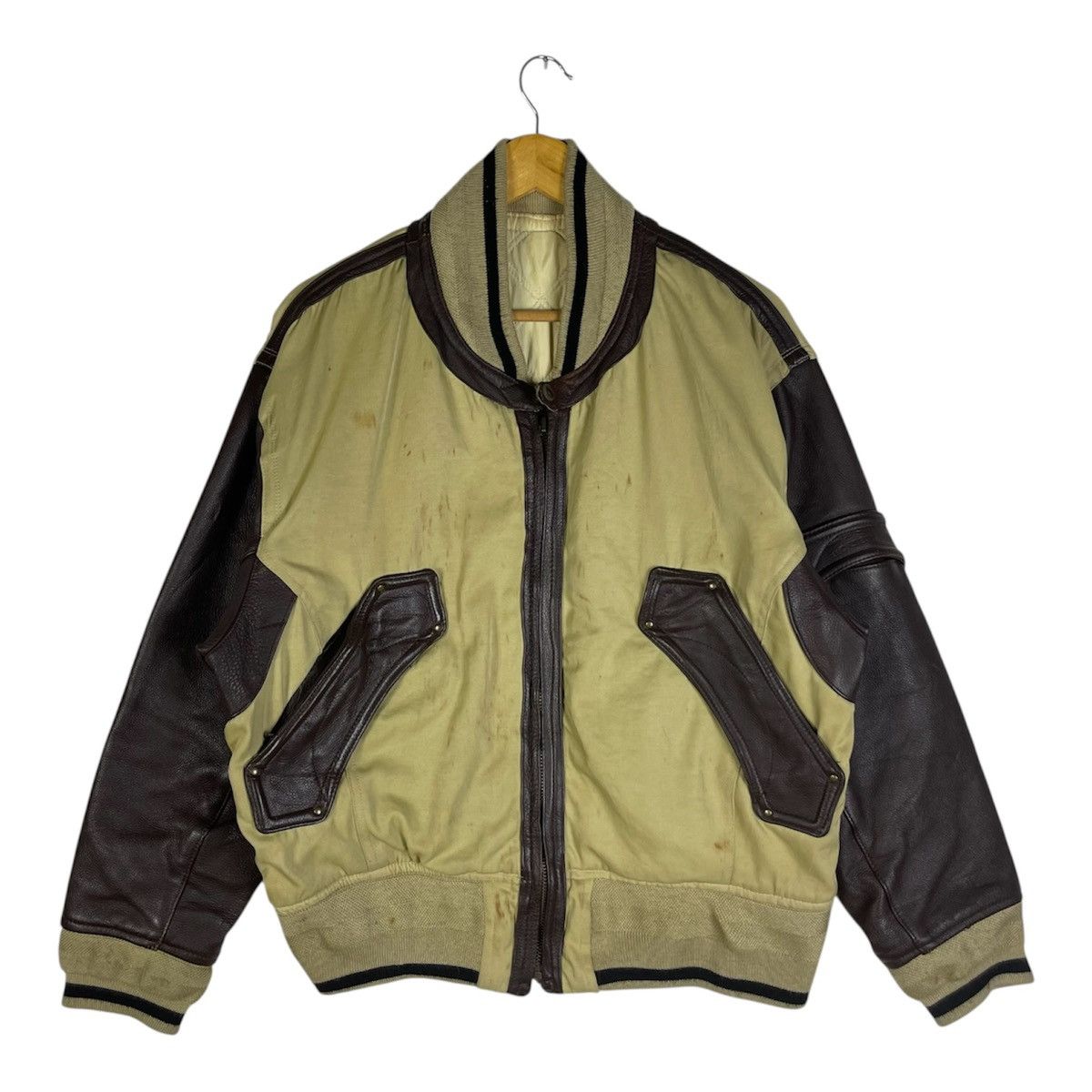 14th Addiction Nicole Monsieur by KOBA Leather Sleeve Varsity Jacket Olive Size US M / EU 48-50 / 2 - 1 Thumbnail