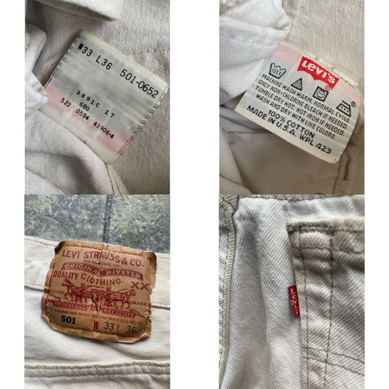 Levi's VINTAGE Levi’s 501 Jeans Mens 33x36 White Made In USA Flaws Damage Wear 90s VTG Pants Mens Jeans White 1994 Size US 33 - 9 Thumbnail