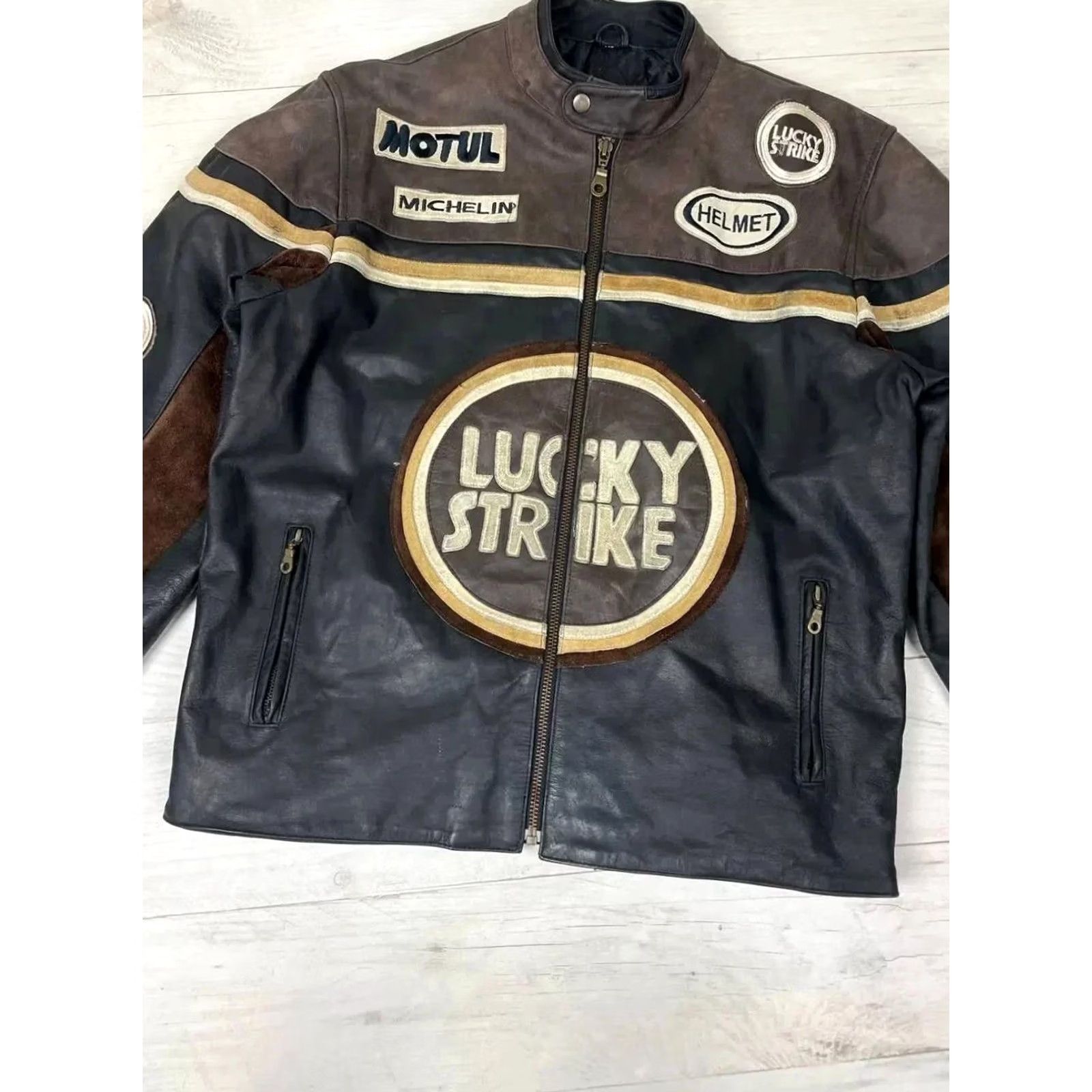 Lucky Brand VINTAGE Lucky Strike 90s Racing Leather Jacket Men XL Black Brown Motorcycle Racing F1 90s Size US XL / EU 56 / 4 - 4 Thumbnail