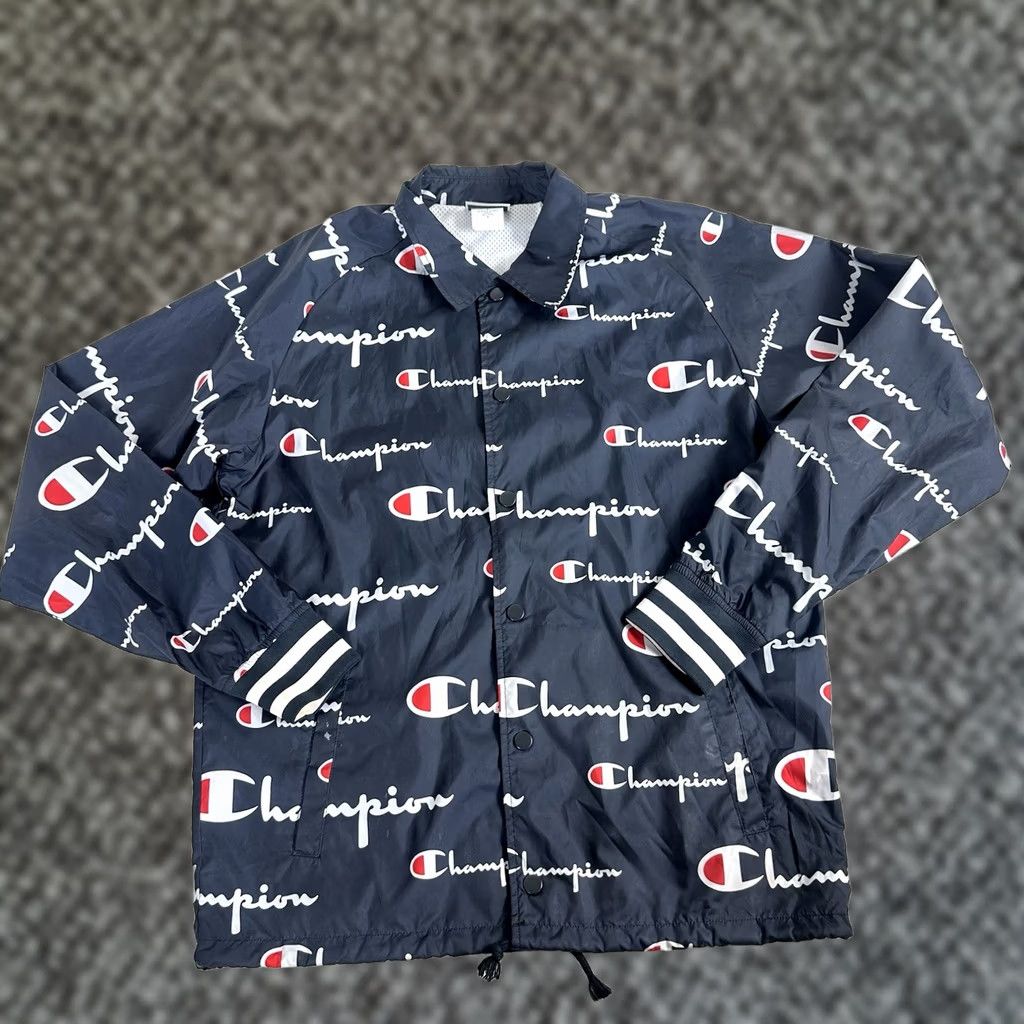 Champion Champion Windbreaker Jacket Blue M Snap Front Coaches All-Over Spell-Out Logo Men Size US M / EU 48-50 / 2 - 1 Thumbnail