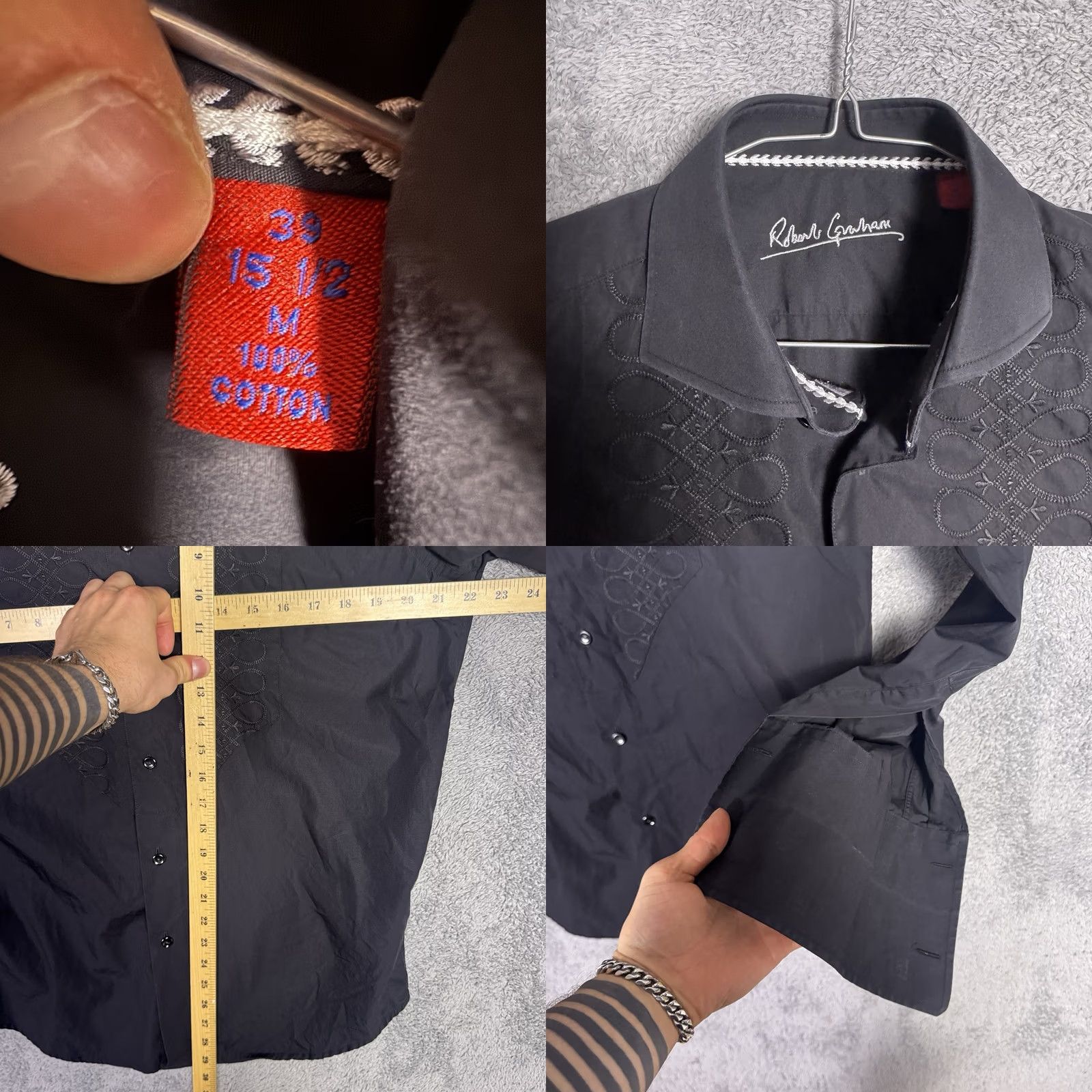 Robert Graham Robert Graham Shirt Mens 15.5/39 M French Cuff Dress Embroidered Notch Collar Black Geometric 100% Cotton Classic Mens Size 42R - 8 Thumbnail