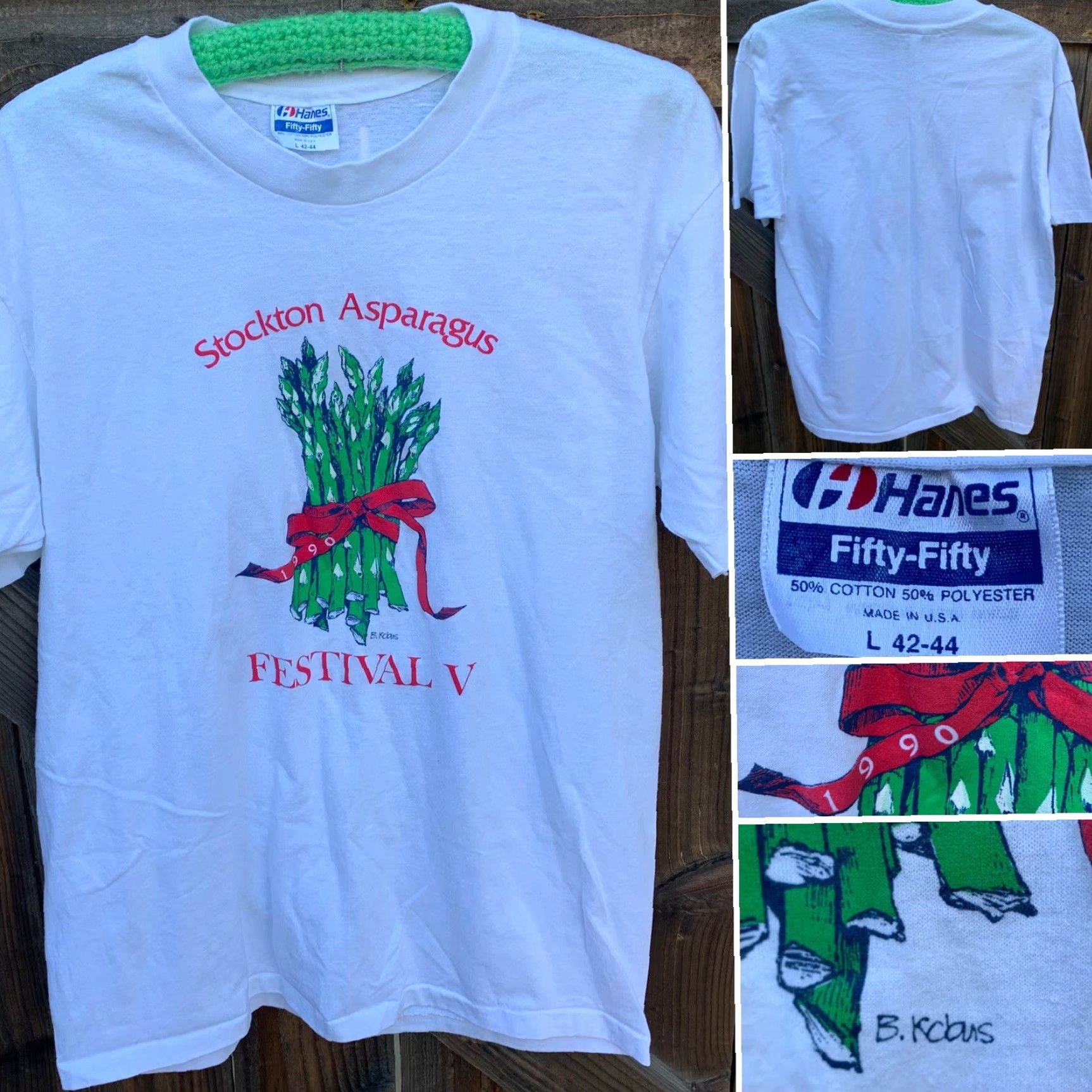 Hanes VINTAGE Hanes Stockton Asparagus Festival V T-Shirt L White 1990s Mens Graphic Tee Short Sleeve Made In USA Size US L / EU 52-54 / 3 - 6 Thumbnail