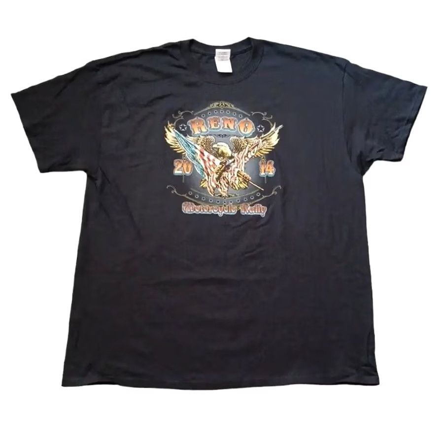 Gildan Reno Motorcycle Rally T Shirt Mens XL Black Double Side Graphic Eagle Logo 2014 Size US XL / EU 56 / 4 - 2 Thumbnail