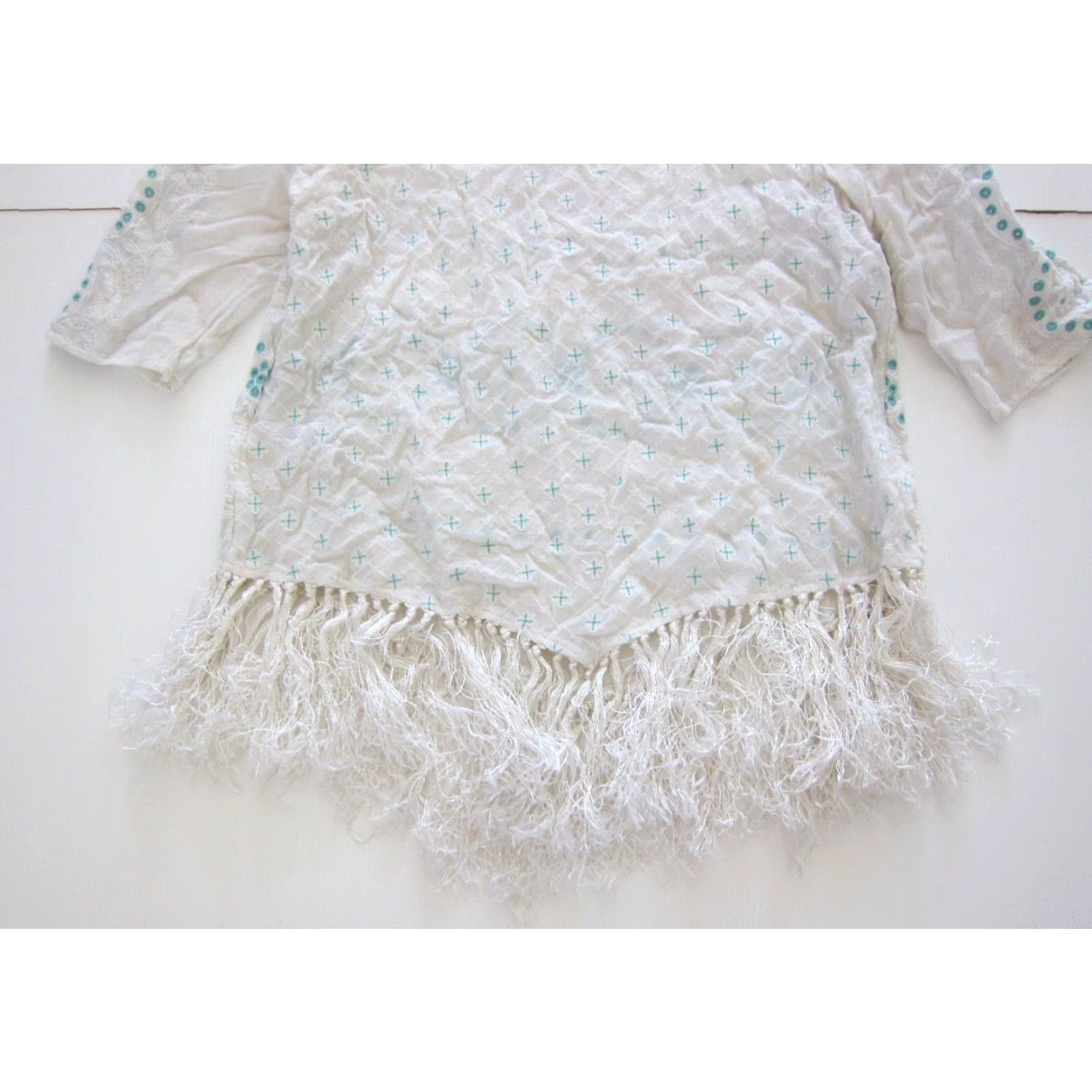 Anthropologie VINTAGE Floreat Anthropologie Cotton White Green Embroidered Fringe Tunic Blouse 8 Size M / US 6-8 / IT 42-44 - 5 Thumbnail