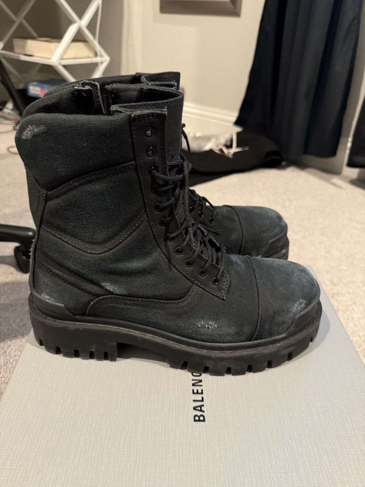 Balenciaga Distressed Canvas Strike Boots | Grailed
