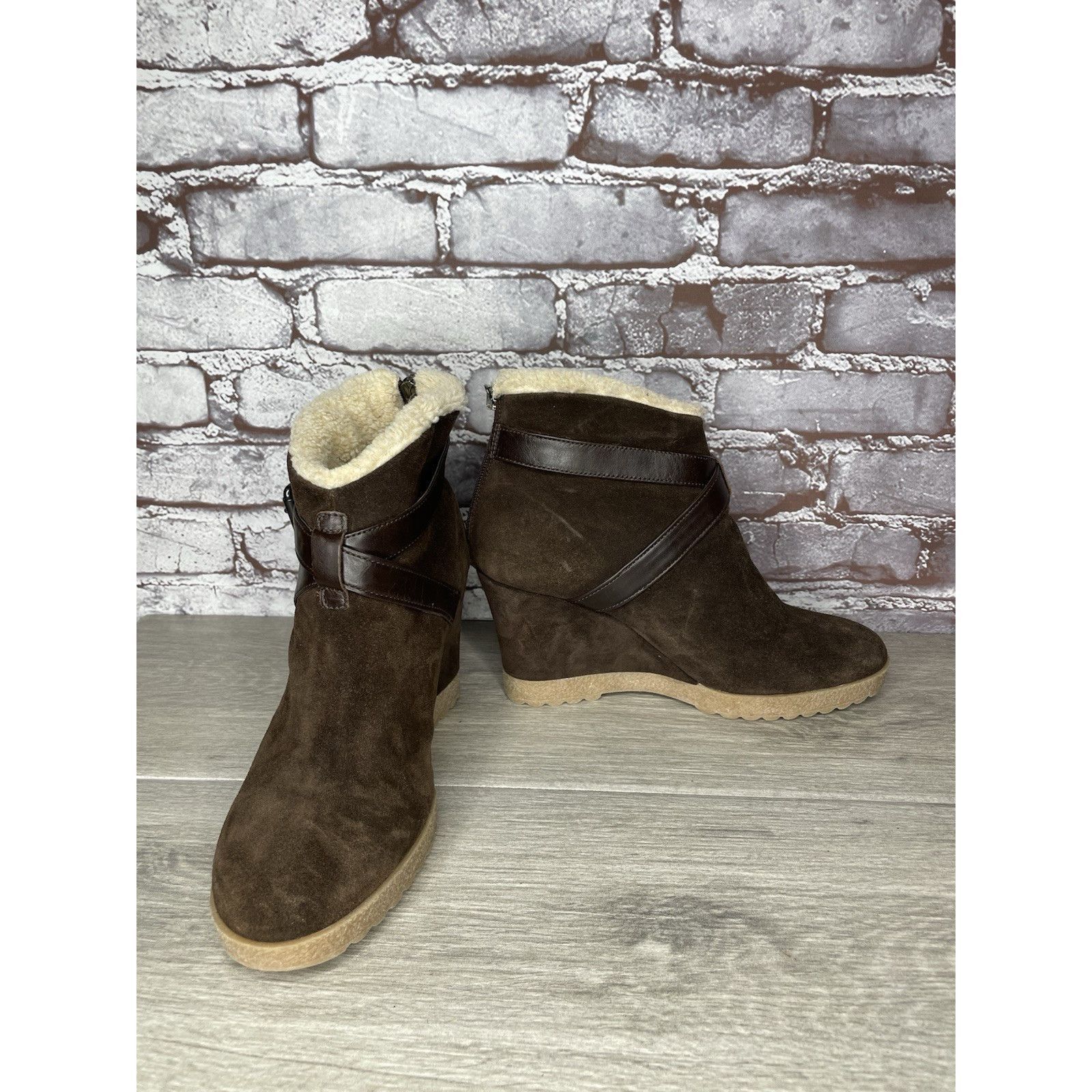 Aquatalia Aquatalia Brown Suede Faux Fur Strap Ankle Wedge Booties Wom Size US 10 / IT 40 - 16 Thumbnail