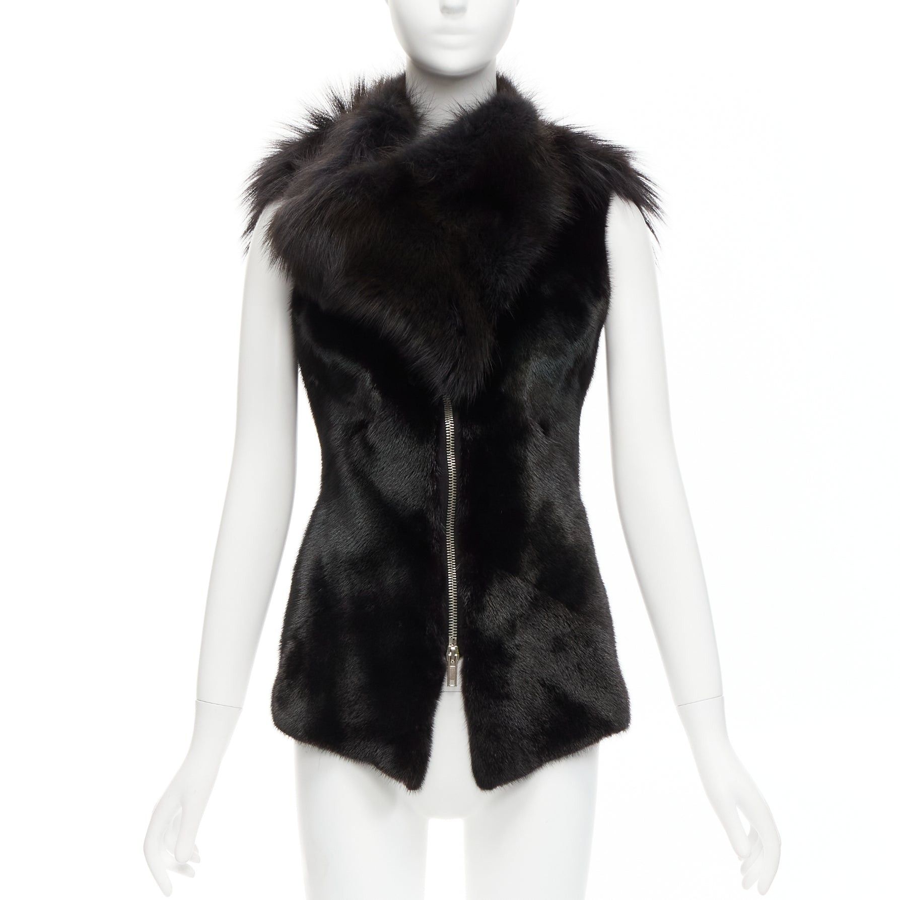 image of Rick Owens Palais Royale Black Mixed Fur Asymmetric Zipper Vest Top Jacket, Women's (Size Small)