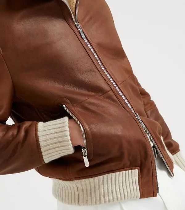 Brunello Cucinelli o1w1db11125 Shearling Bomber Jacket in Brown Size US XS / EU 42 / 0 - 6 Thumbnail
