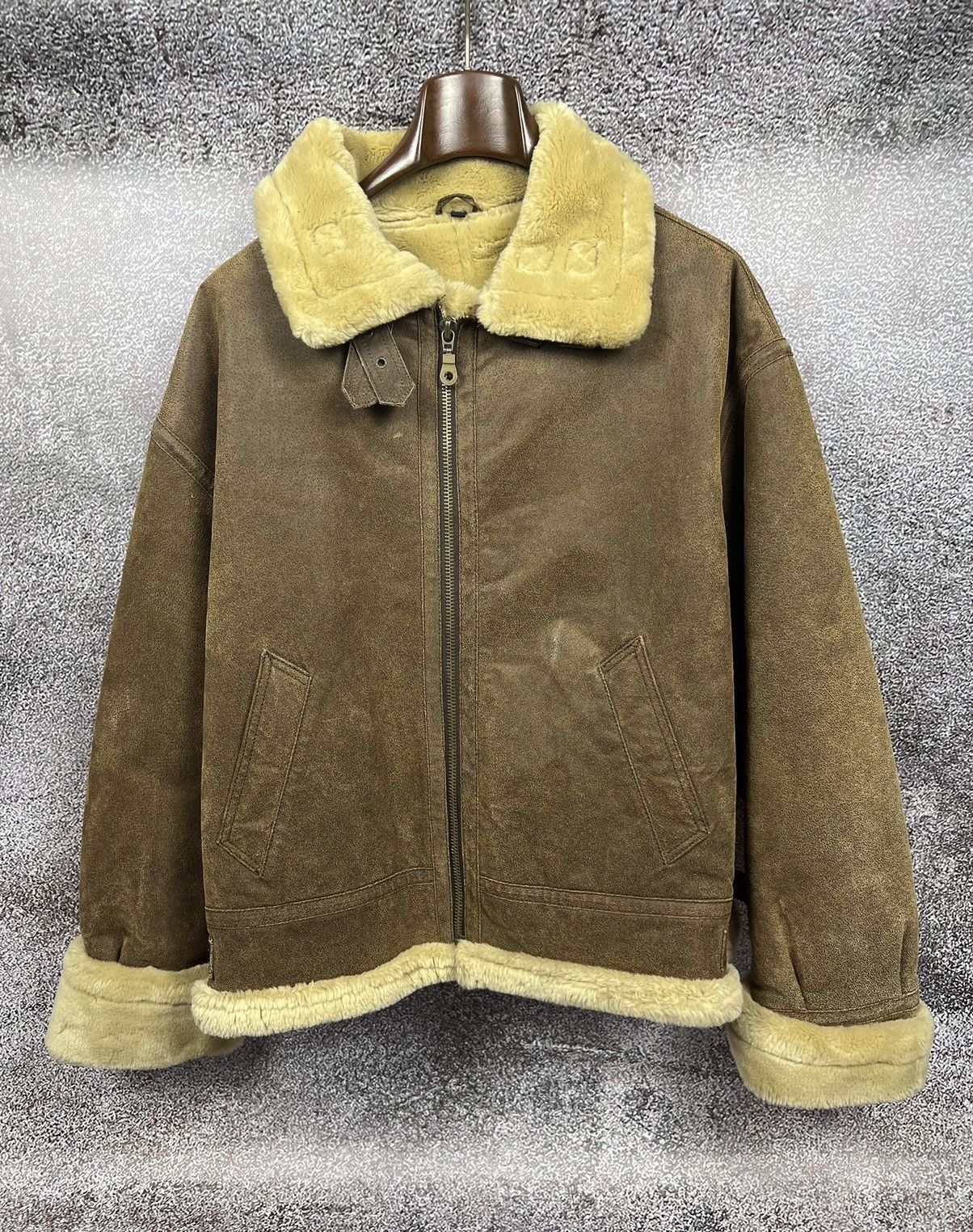 image of B 3 x Leather Jacket B-3 Vintage Shearling Leather Jacket Military Sheepskin in Brown (Size 2XL)