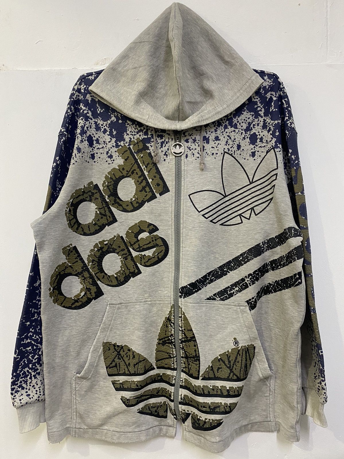 image of Vintage 90 Adidas Run Dmc Fully Printed Zipper Hoodie in Grey, Men's (Size Large)