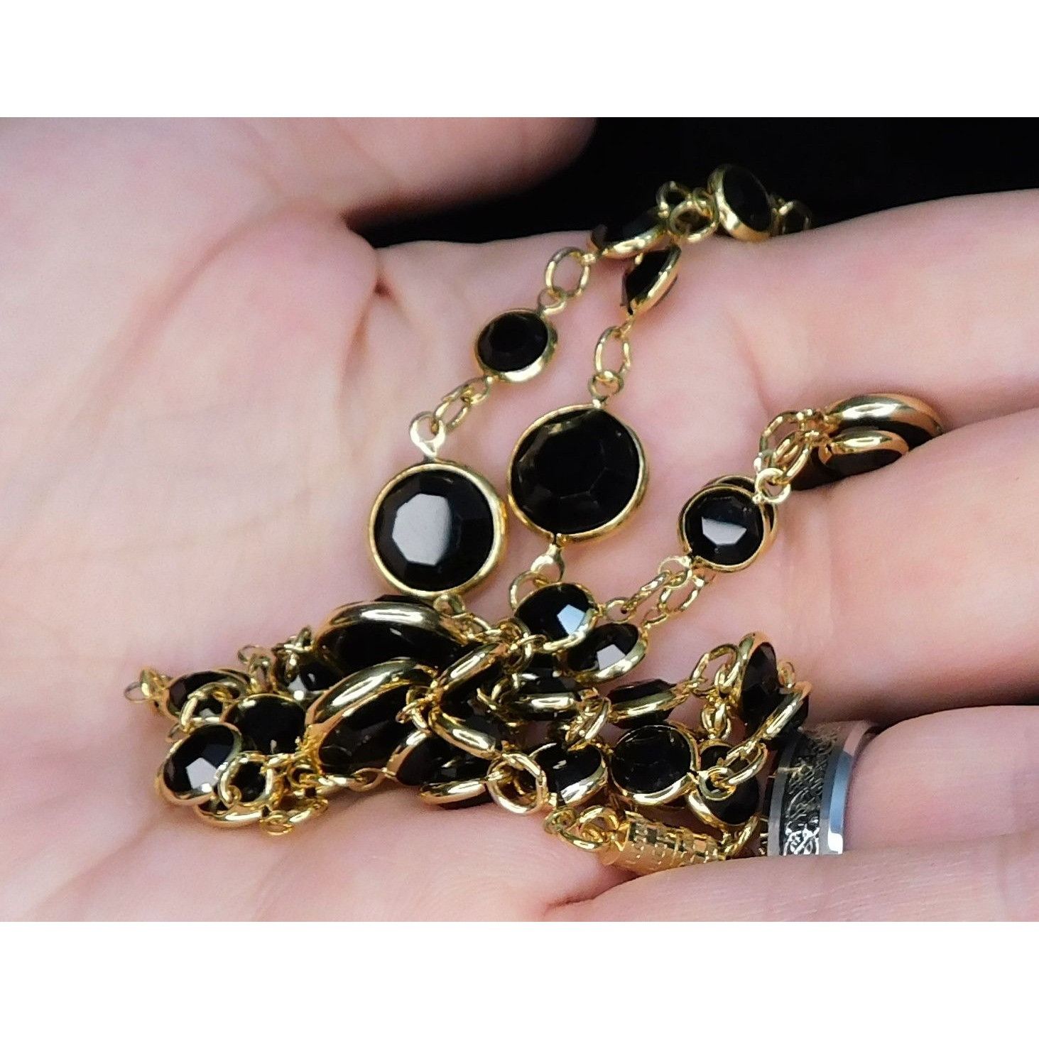 Other Glam Goth Black And Gold Tone Gemmed Chain Necklace Size ONE SIZE - 2 Thumbnail