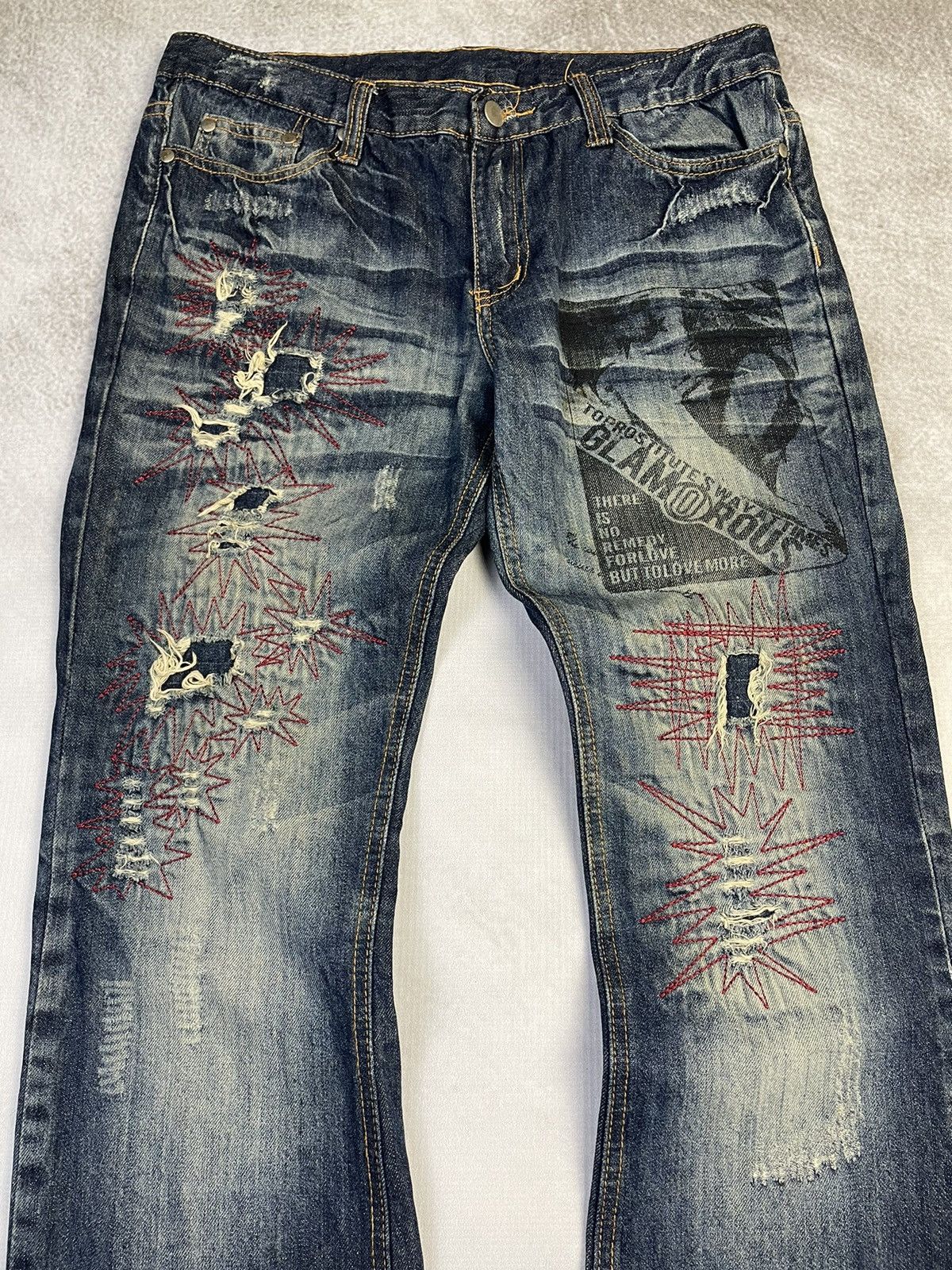 If Six Was Nine Made in Heaven 🇯🇵 Flare Distressed Sashiko Repair Style Jeans Size US 30 / EU 46 - 3 Thumbnail