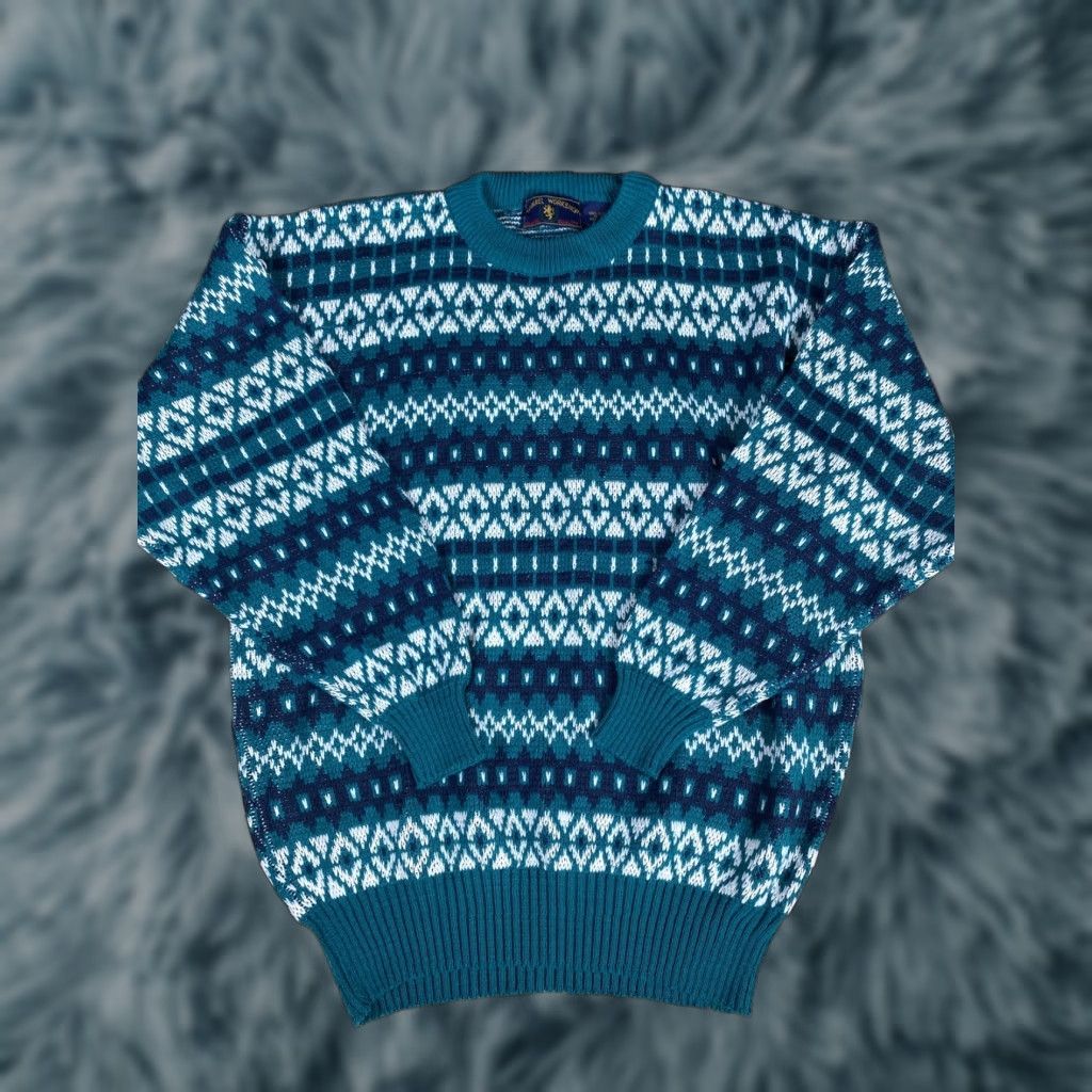 AQUA VINTAGE Apparel Workshop Acrylic Sweater Crewneck 90s Print Mens XL Aqua Crew Neck Pullover Blue 90s Mens Size US XL / EU 56 / 4 - 1 Thumbnail