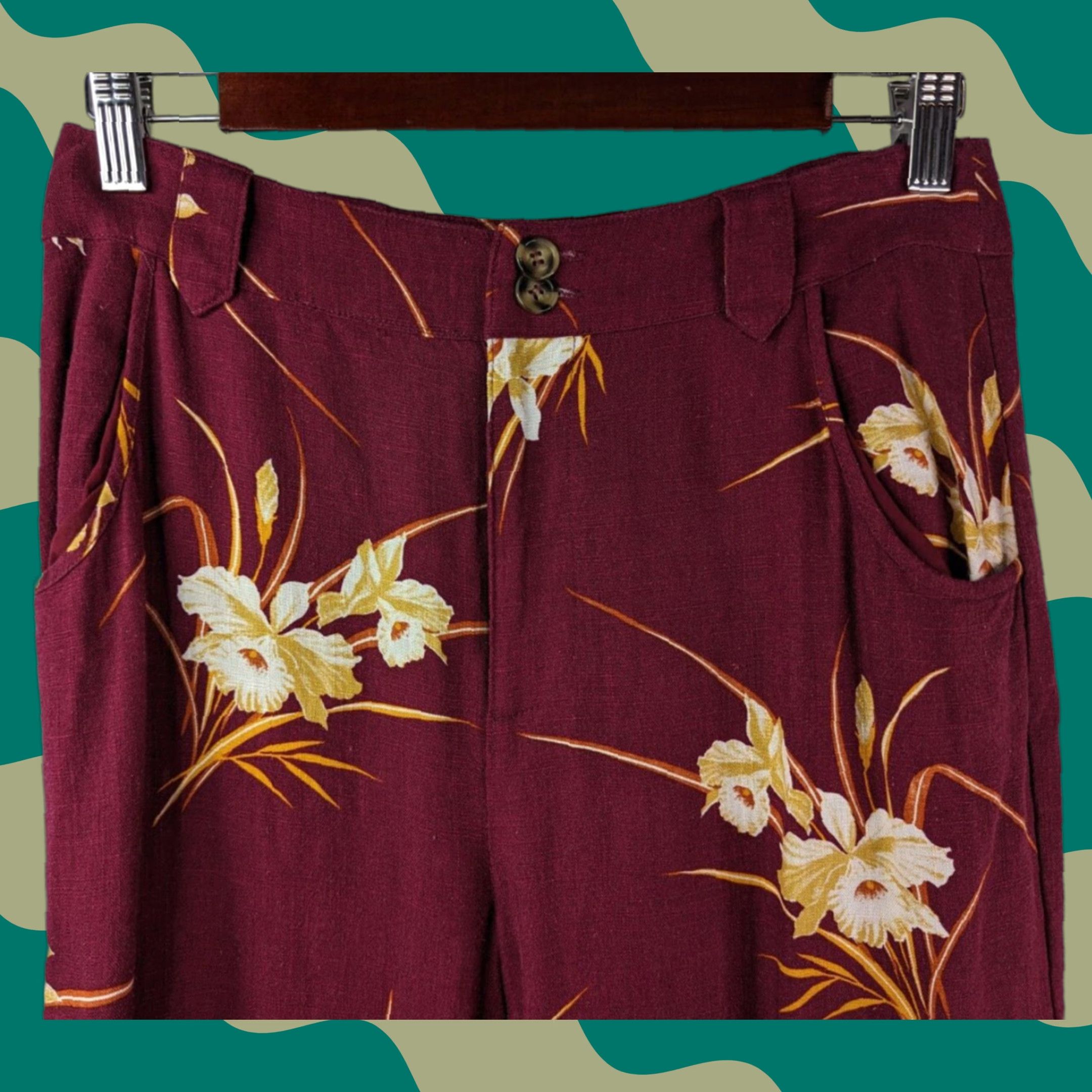 Vintage ModCloth Burgundy Floral Linen Blend Join Joyfully Culotte Pants Women’s Size 6 Size 28" / US 6 / IT 42 - 1 Thumbnail