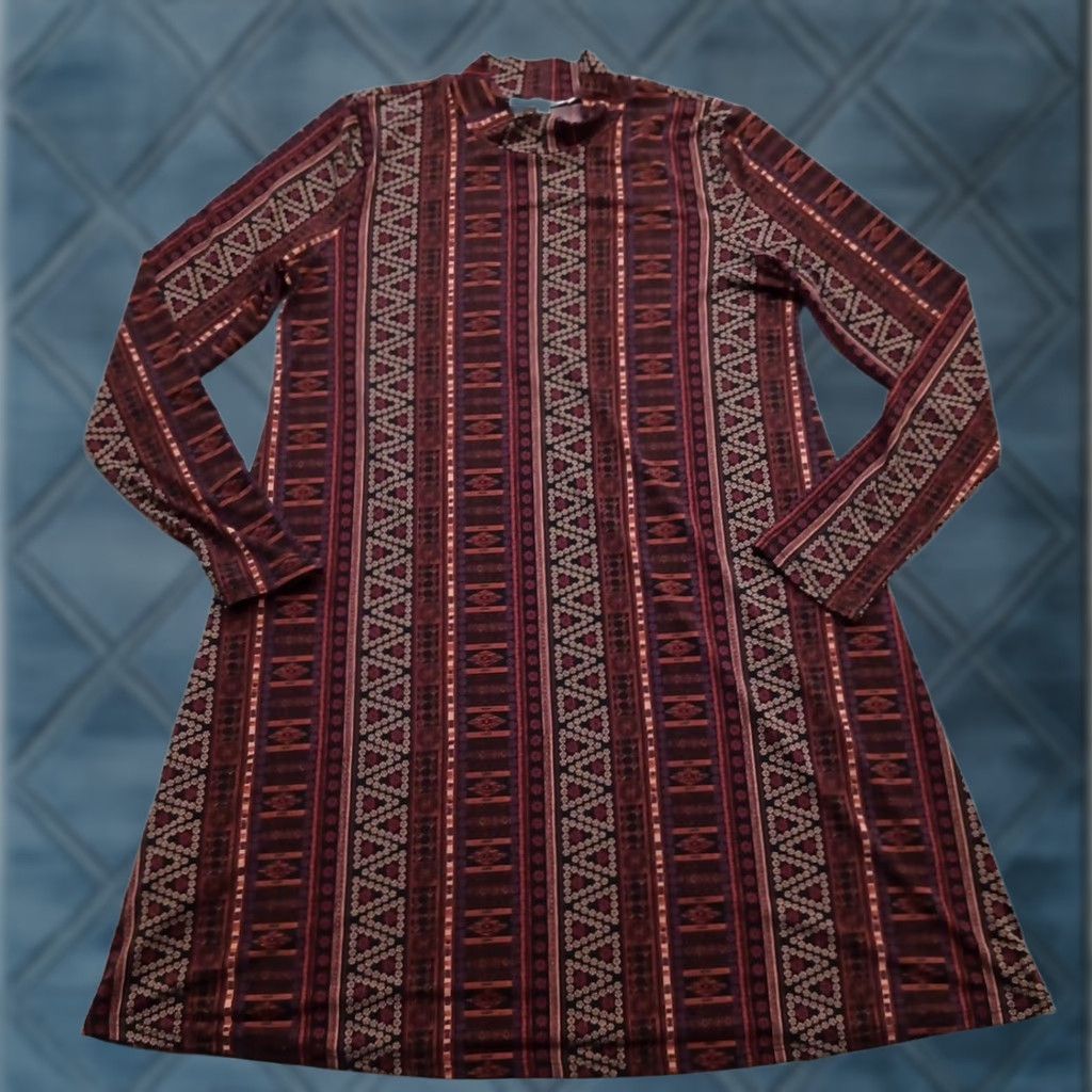 BCBGeneration BCBG Dress Short Brown Geometric A-Line Long Sleeve Pullover L Brown Geometric A-Line Women's L Size L / US 10 / IT 46 - 1 Thumbnail
