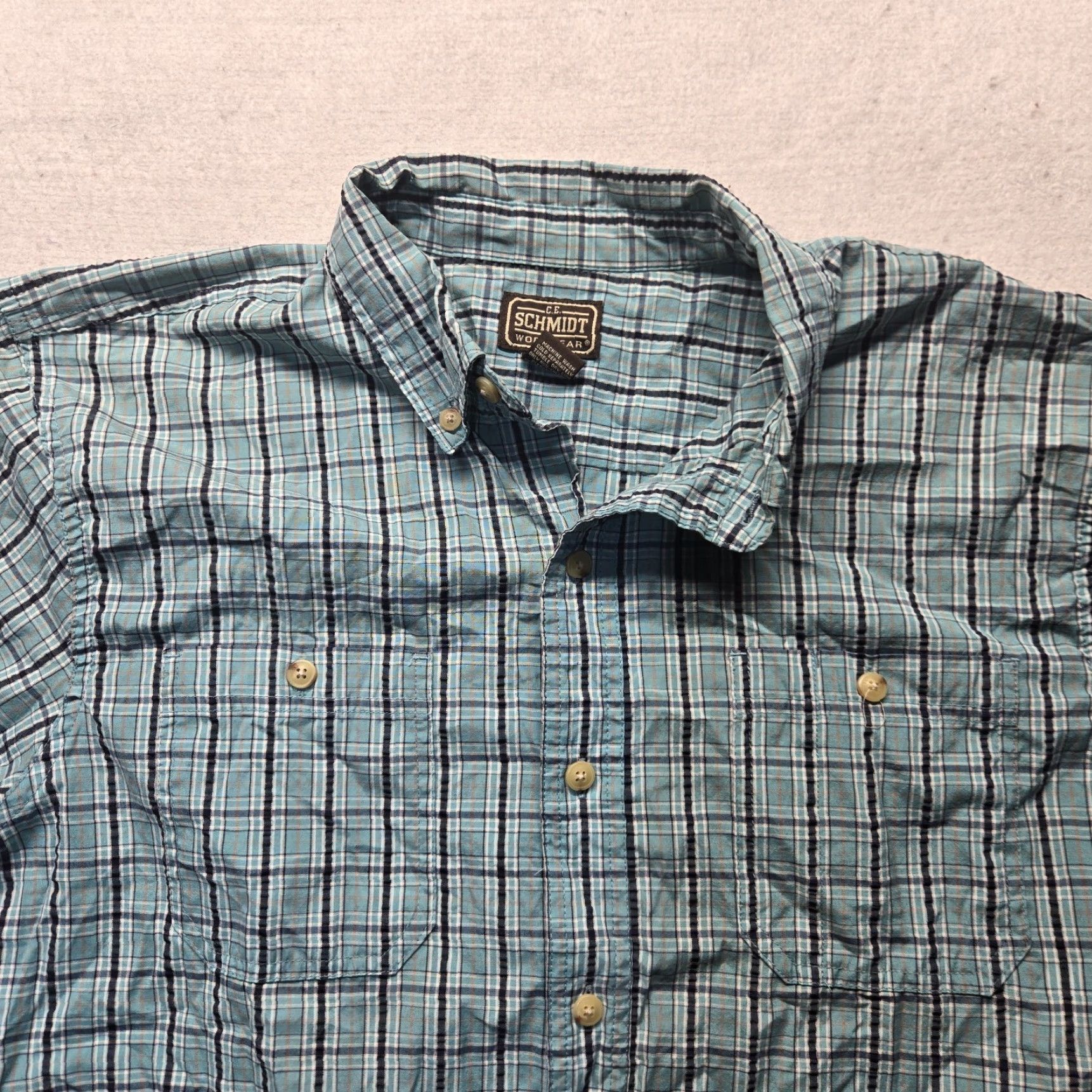 Vintage Schmidt Shirt Blue Plaid Short Sleeve Button-Up Adult Men L Large Pocketed 100% Cotton Button-Down Collar Outdoor Size US L / EU 52-54 / 3 - 2 Thumbnail