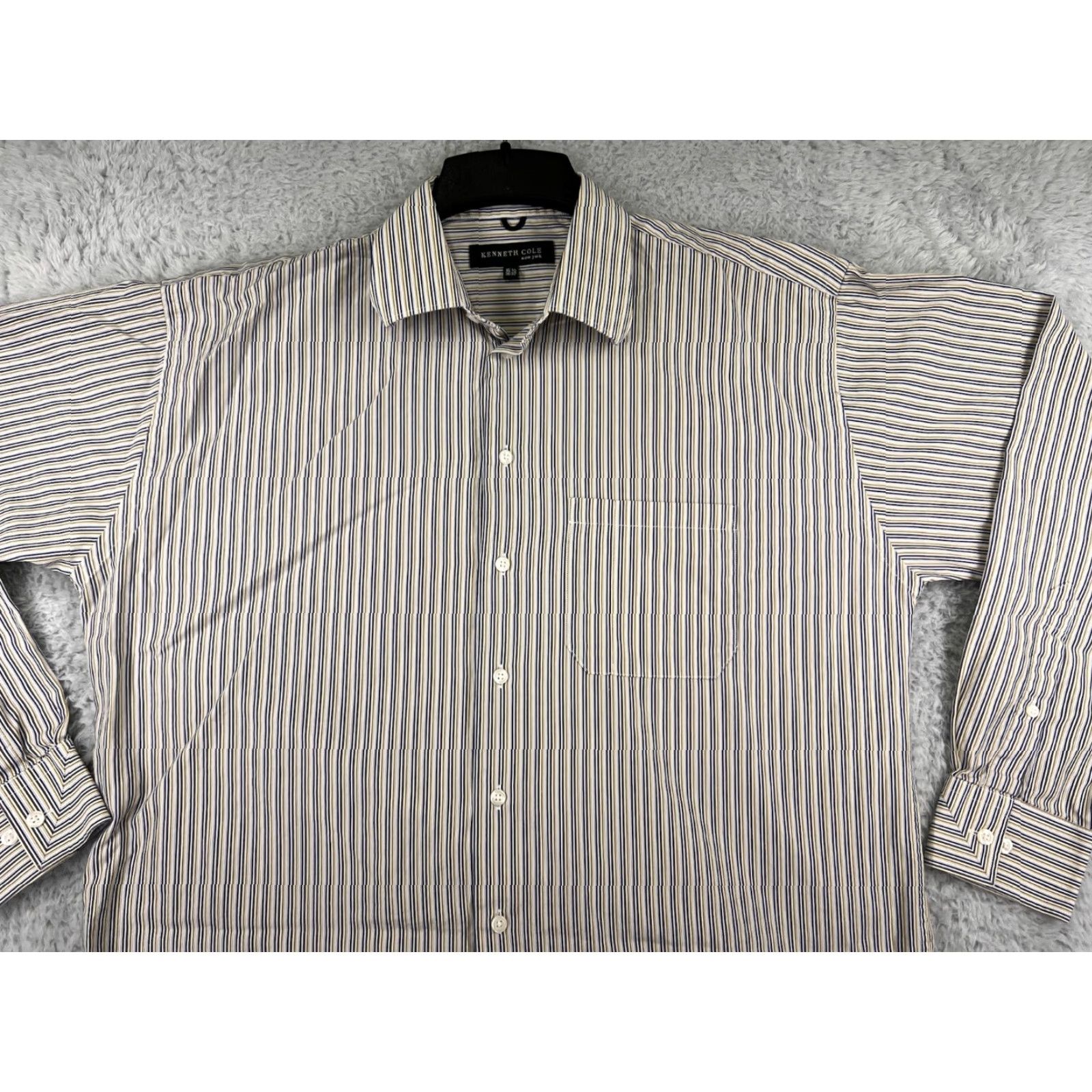 Kenneth Cole Kenneth Cole Mens Dress Shirt 16.5 Beige Vertical Striped Cotton Button-Up Long Sleeve Regular Fit Size US L / EU 52-54 / 3 - 4 Thumbnail