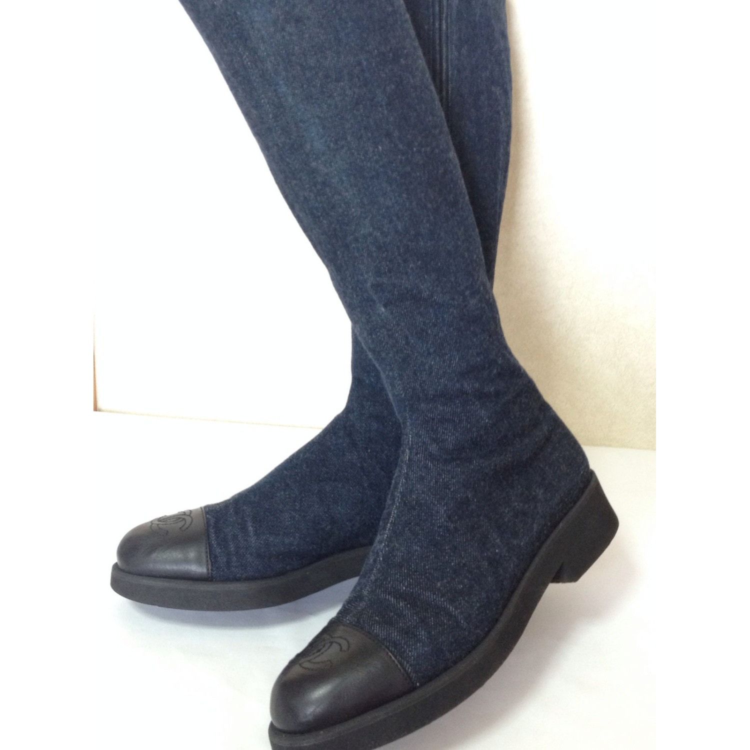 Chanel MINT. Vintage CHANEL mid high boots, black and denim combo Size US 7 / IT 37 - 2 Thumbnail