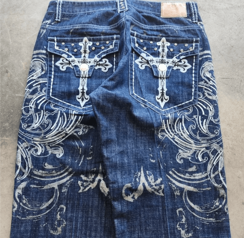 Japanese Brand Y2K American Pattern Geometric Embroidery Baggy Jeans Size US 34 / EU 50 - 3 Thumbnail