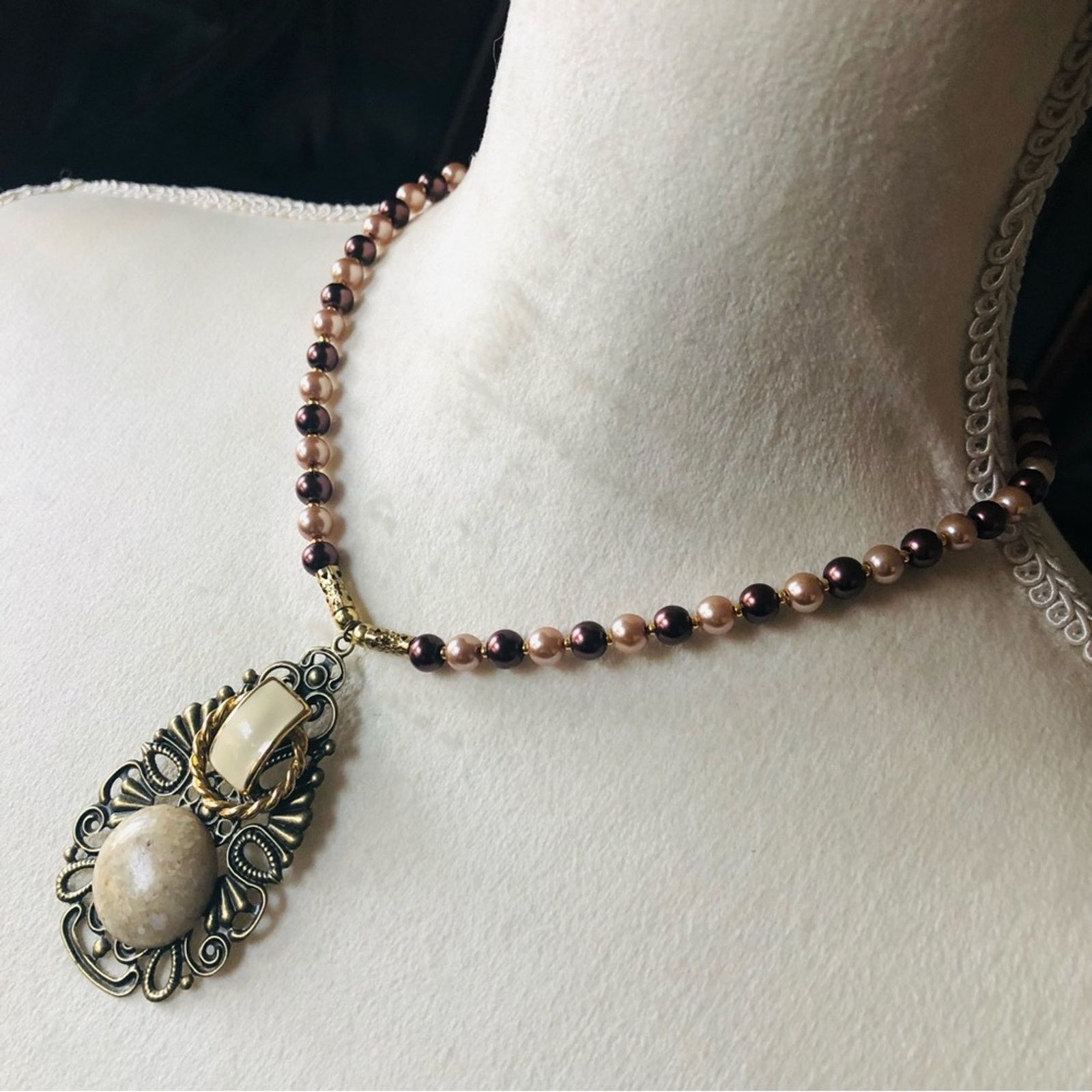 Handmade Handcrafted repurpose filigree pendant Czech Pearl necklace Size ONE SIZE - 5 Thumbnail