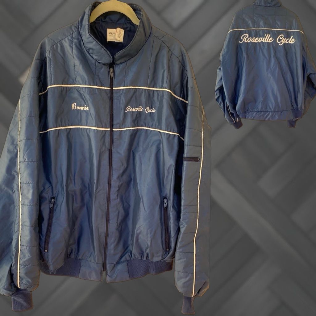 VINTAGE King Louie Pro Fit Windbreaker Jacket 2XL USA Union Made Men Blue Nylon Full Zip Roseville Cycle Bonnie