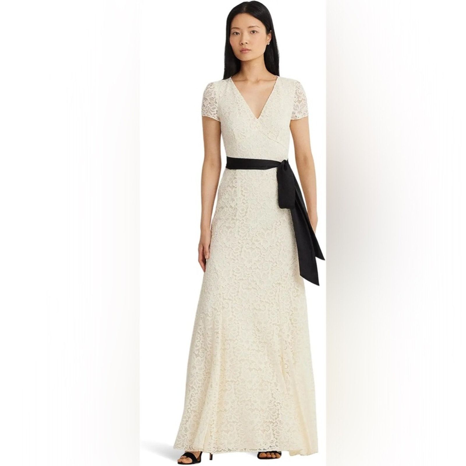 Ralph Lauren Belted Floral Lace Maxi Gown White 18