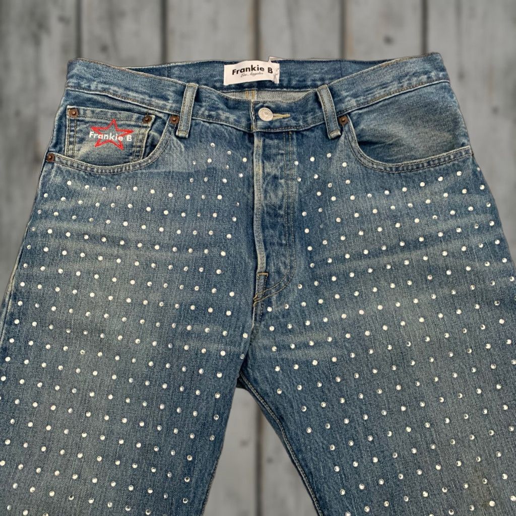 VINTAGE Frankie B Jeans 34x32 Sz L Studded Crystal Straight Button Fly Released Hem 395