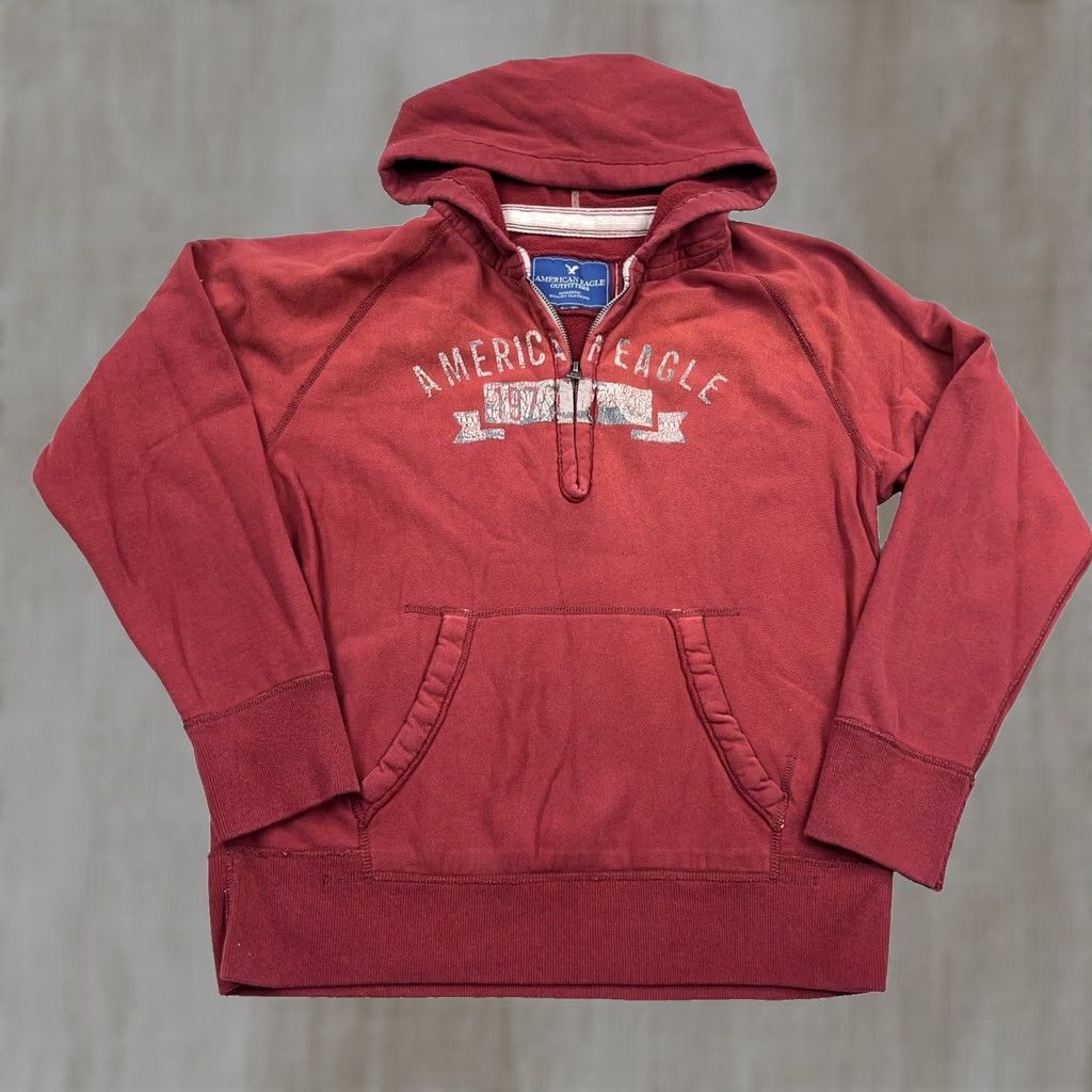 American Eagle Outfitters Vintage American Eagle Hoodie Men's XL Red 1/4 Zip Pullover Fleece Logo Graphic Print Grunge 2000s Modern Warmth Comfort Regular Fit Size US XL / EU 56 / 4 - 1 Thumbnail