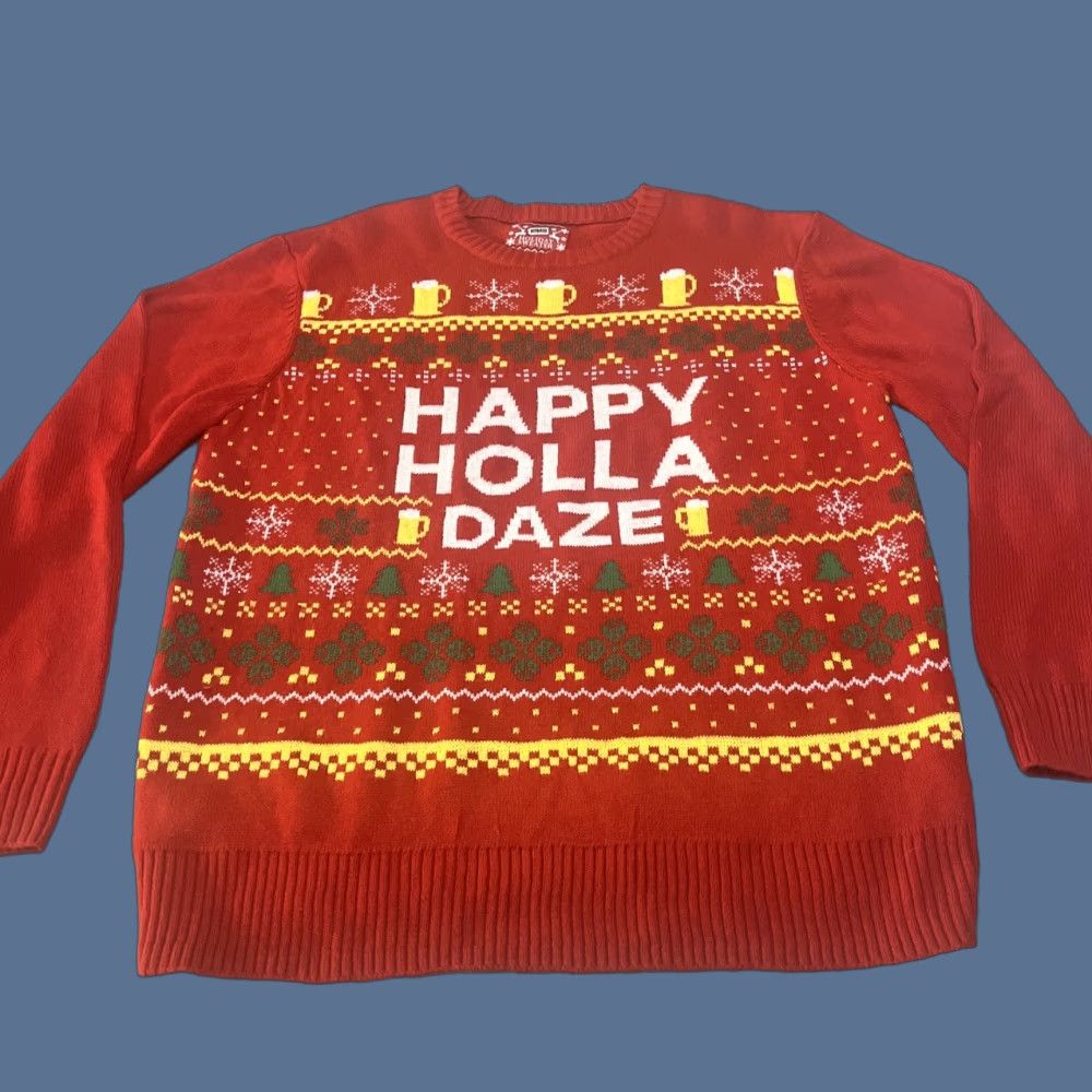Vintage Hybrid Holiday Sweater Men XL Red Ugly Christmas Sweater Beer Happy Holla Daze Pullover Size US XL / EU 56 / 4 - 1 Thumbnail