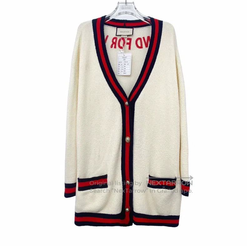 Gucci Gucci White striped trim cotton V-neck single-breasted lon Size L / US 10 / IT 46 - 1 Thumbnail