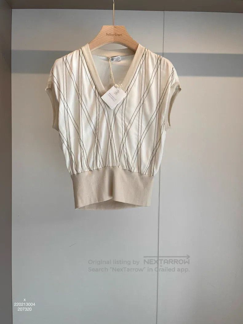 Brunello Cucinelli Brunello Cucinelli Beige Silk Beaded T-Shirt Size XS / US 0-2 / IT 36-38 - 1 Thumbnail