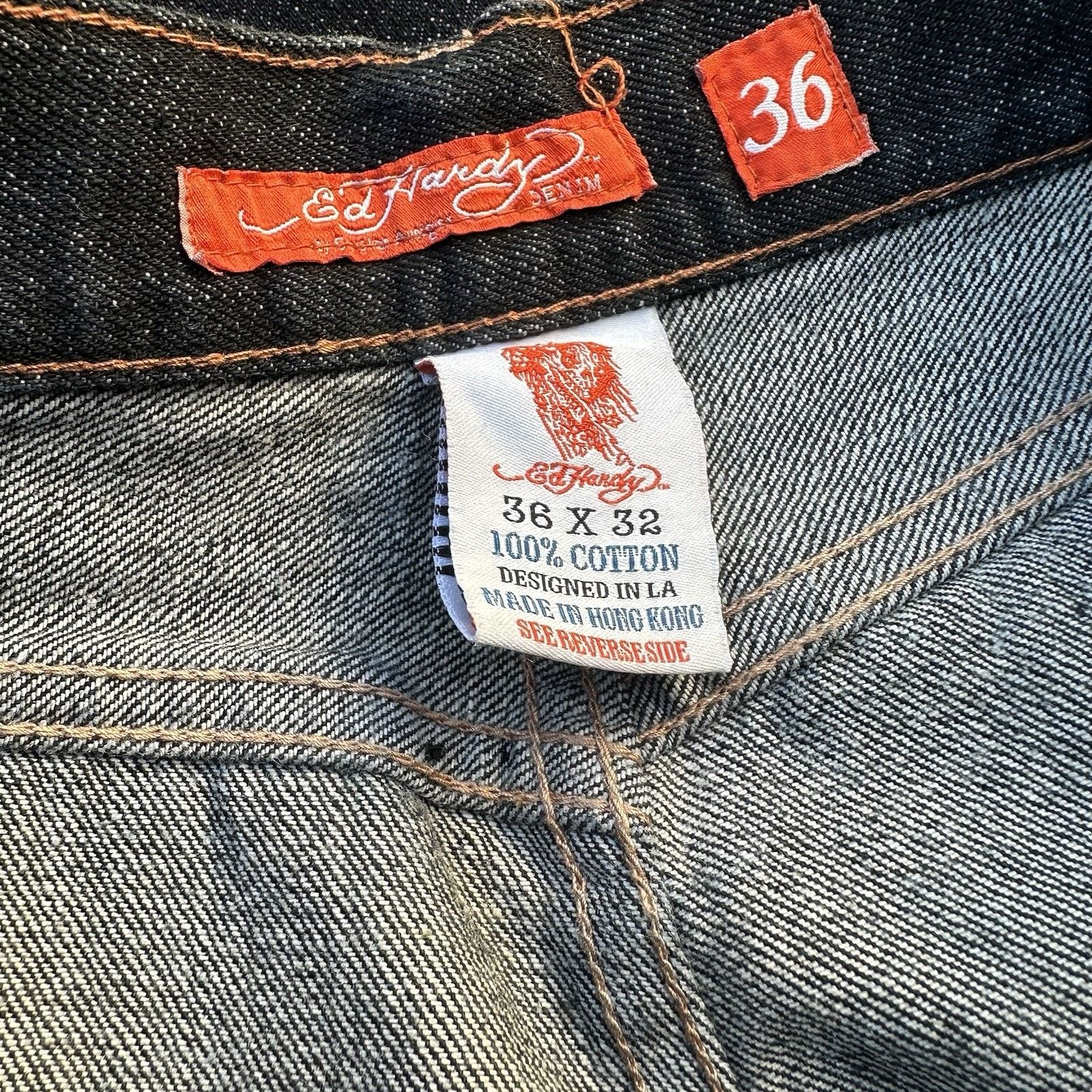 Ed Hardy × Vintage Vintage Y2K Ed Hardy Skull Roses Black Denim Jeans 36x32 Size US 36 / EU 52 - 7 Thumbnail