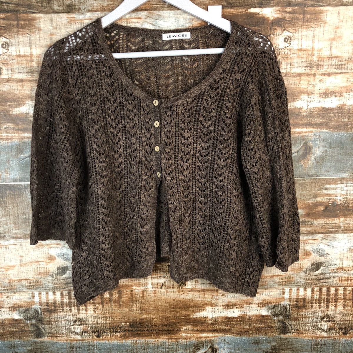 Japanese Brand Lemiore Brown crochet mesh net Cardigan Knitwear #A1482 Size M / US 6-8 / IT 42-44 - 3 Thumbnail