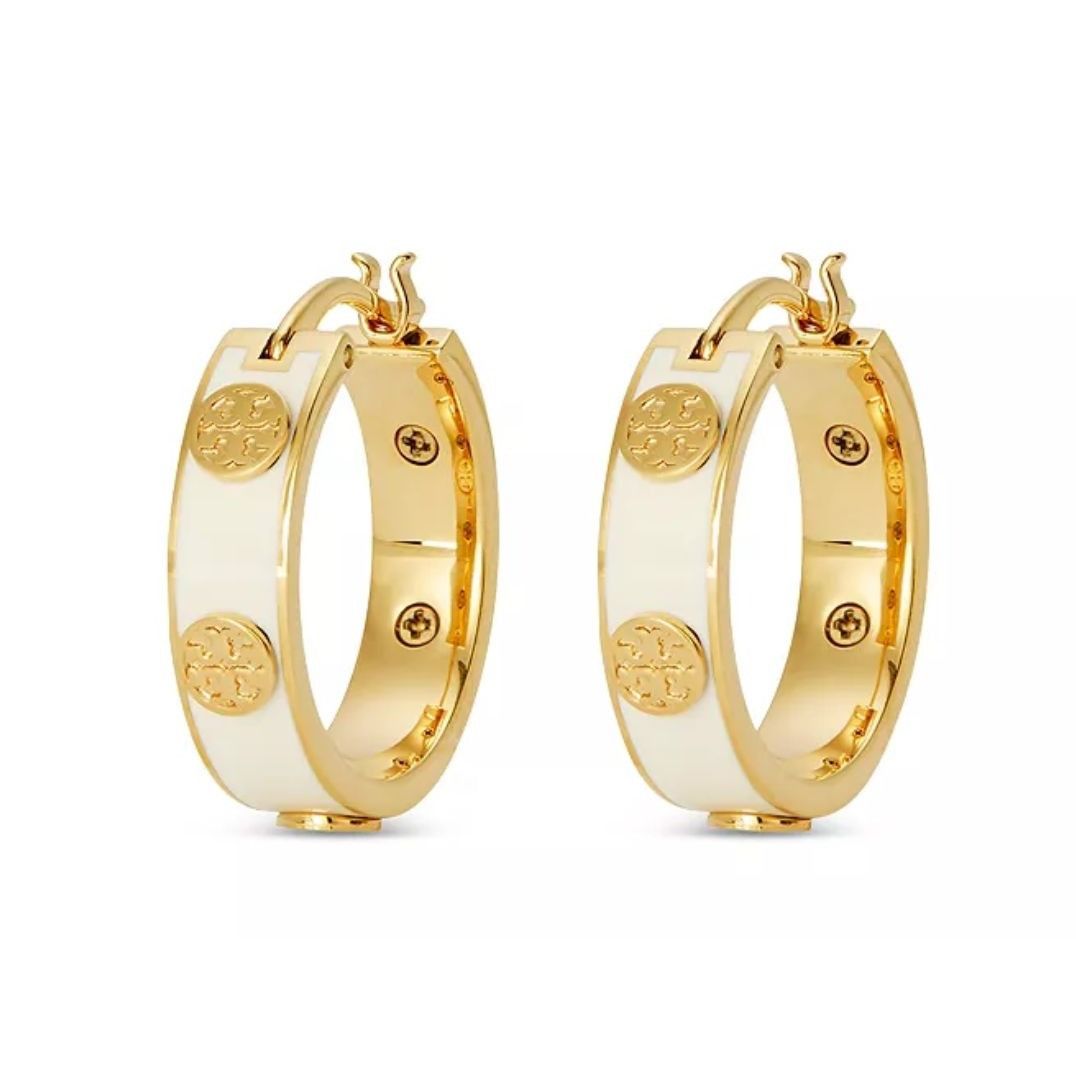 Tory Burch ✺ TORY BURCH WHITE AND GOLD MILLER HOOP EARRINGS ✺✺ Size ONE SIZE - 1 Thumbnail