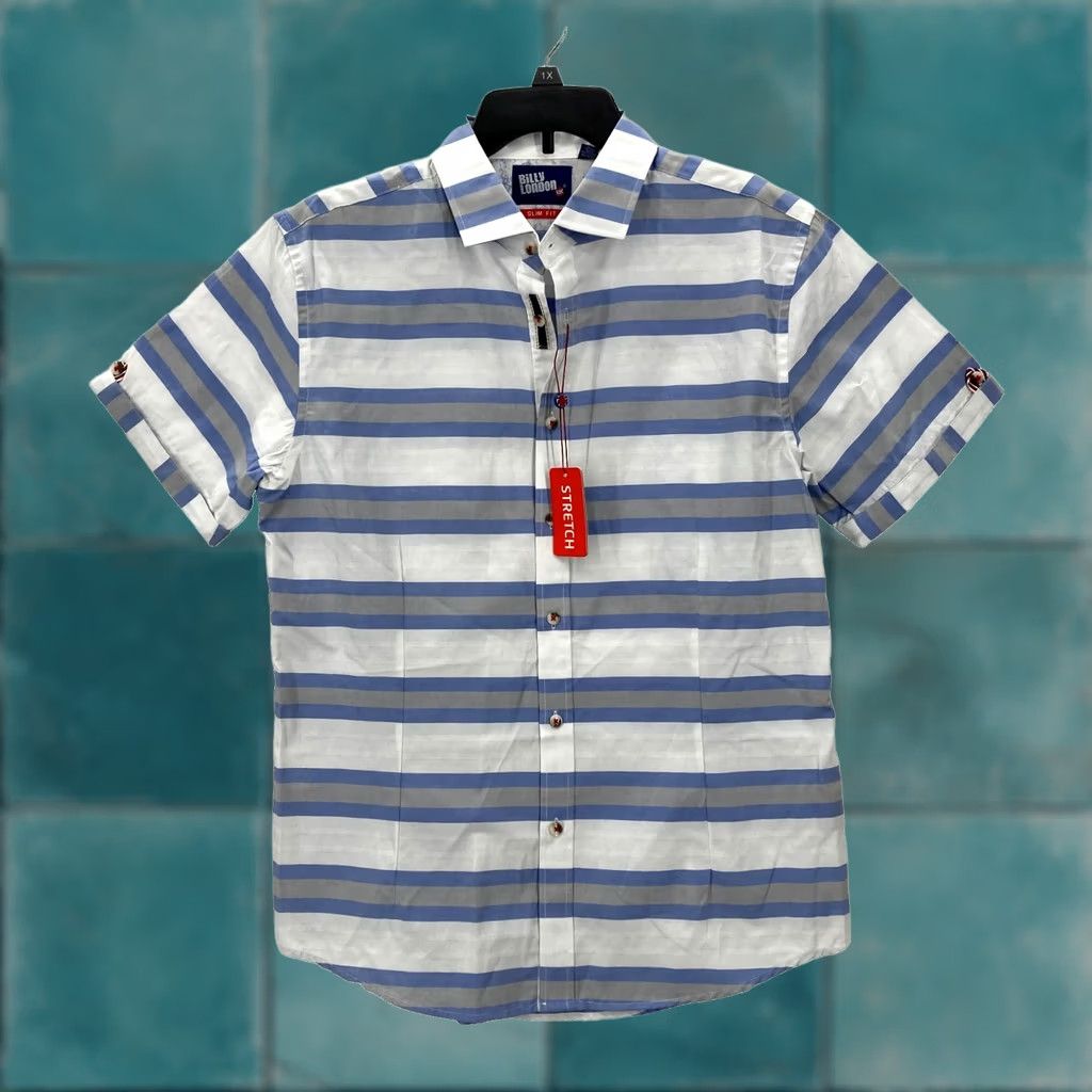 Billy London Billy London Shirt Mens Large Slim Blue Striped Short Sleeve Stretch Nautical Size US L / EU 52-54 / 3 - 1 Thumbnail