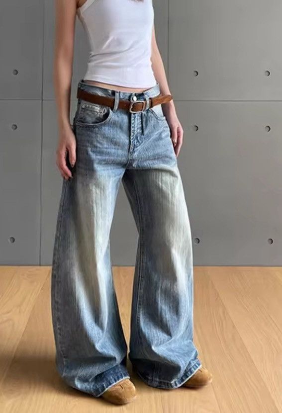 Jean Faded Blue Wide-Leg Jeans -Streetwear & Casual Style Size 27" / US 4 / IT 40 - 2 Thumbnail