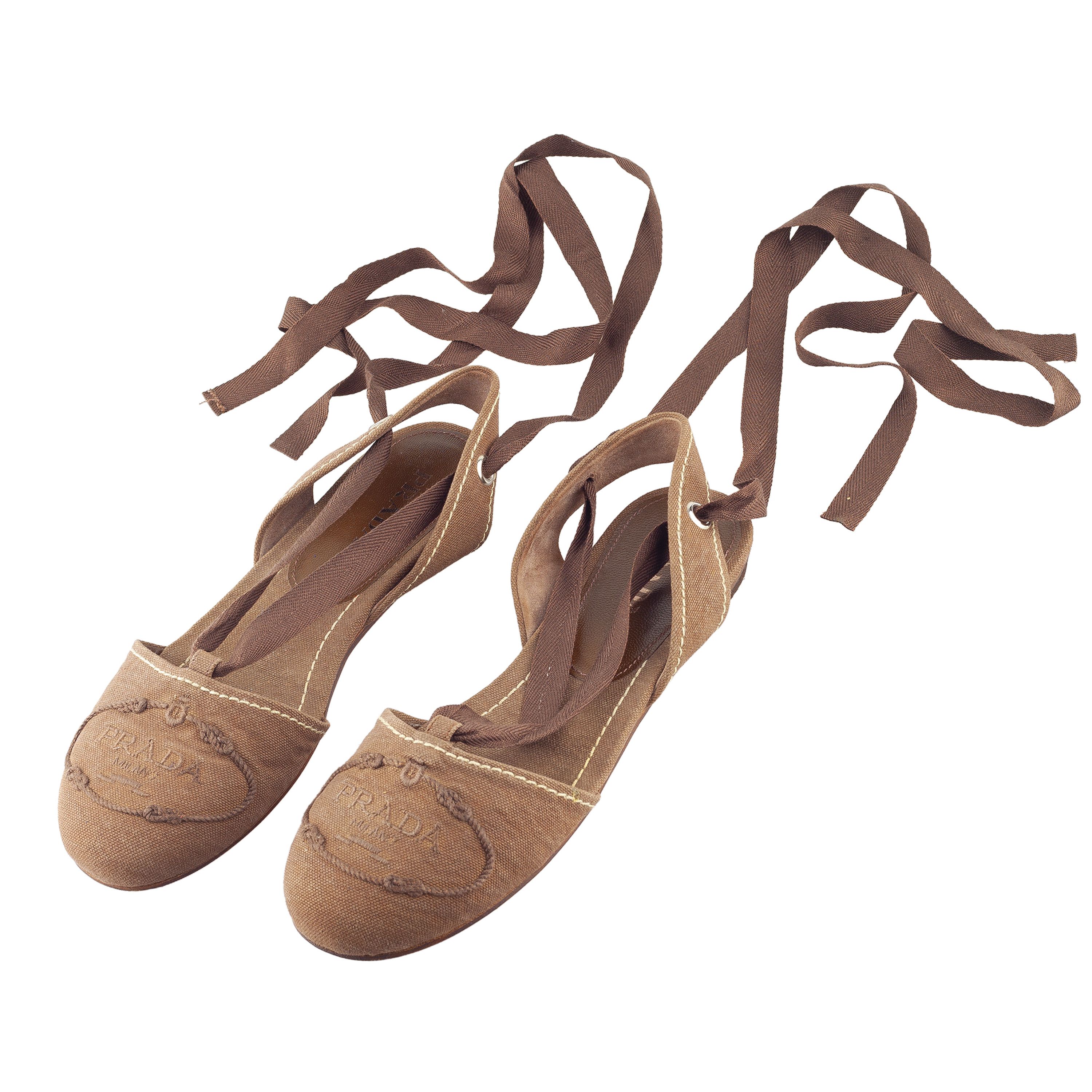 Prada Prada Brown Logo Lace-Up Flat Espadrilles Size US 6.5 / IT 36.5 - 2 Thumbnail