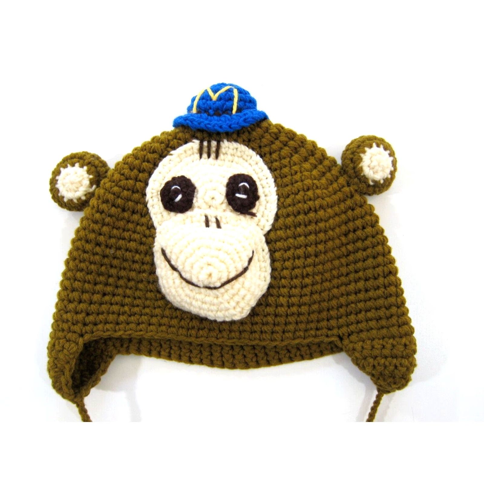 Vintage Handmade Beanie Hat Adult Large Brown Monkey Blue Warm Cozy Cable Knit 100% Cotton Unisex Size ONE SIZE - 3 Thumbnail