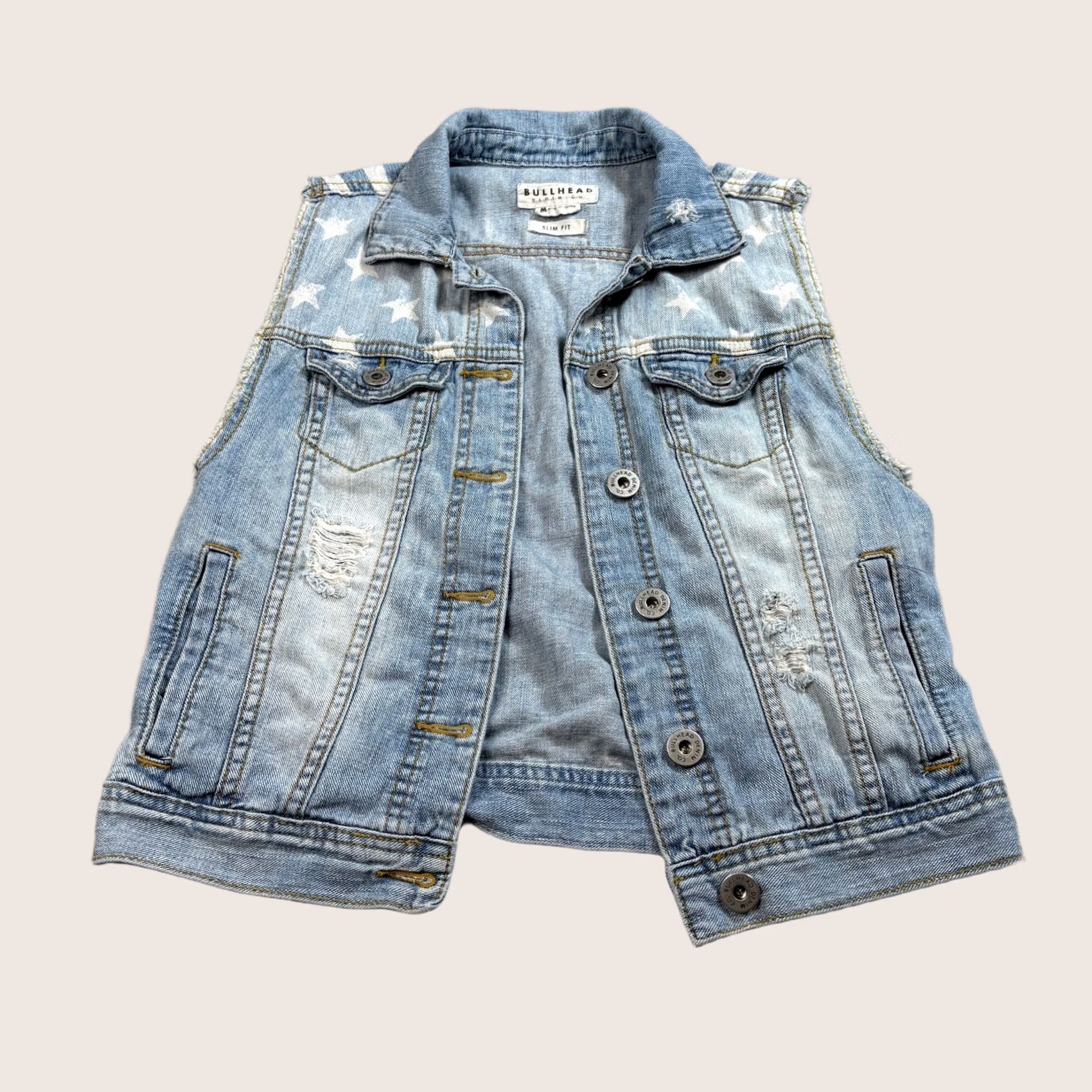 Denime Bullhead Denim Vest Woman M Blue Stars Stripes Distressed Rockabilly Y2K Motif Den﻿im Distress Rockabilly Vest Woman M Blue Stars Stripes Size M / US 6-8 / IT 42-44 - 1 Thumbnail