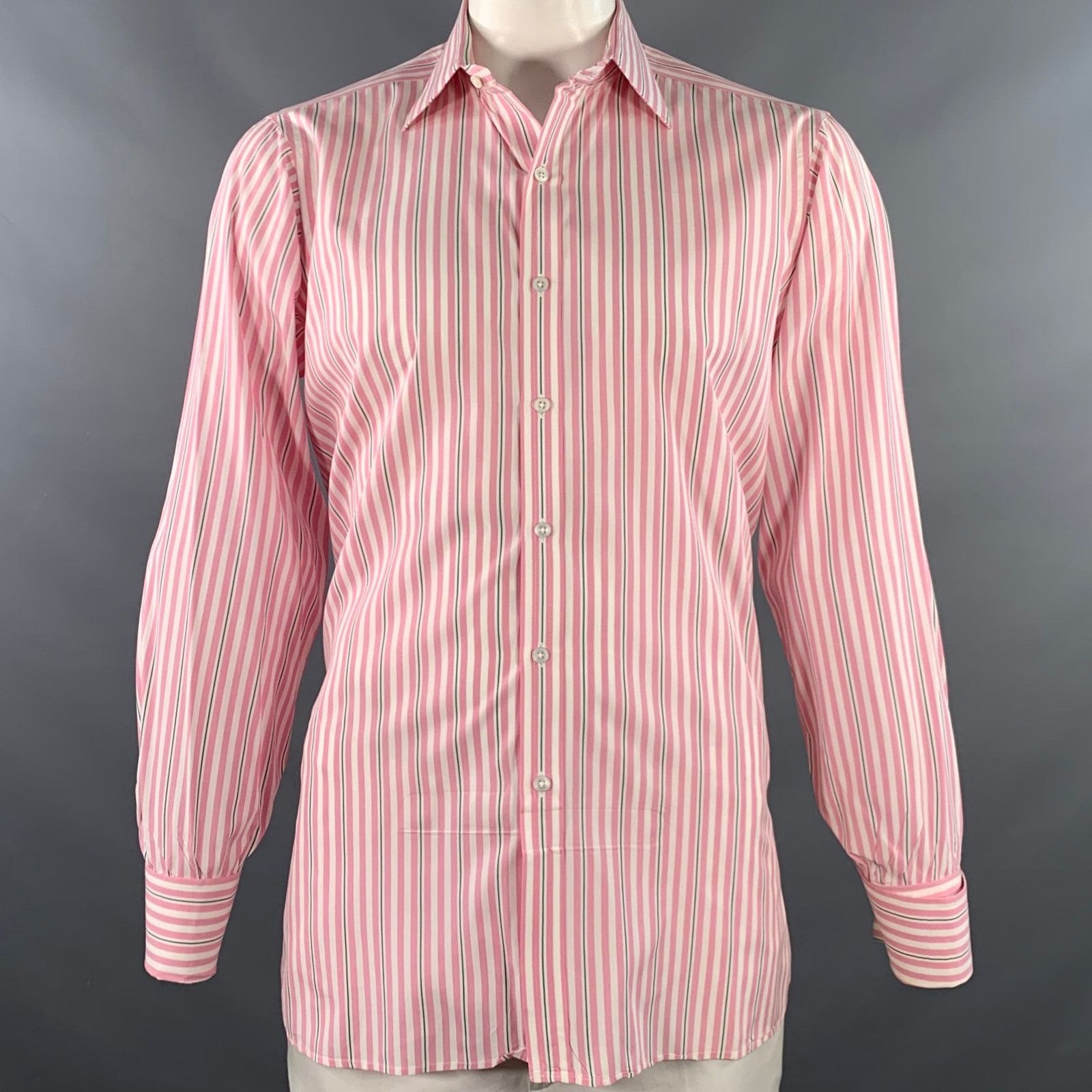 Turnbull & Asser Pink White Stripe Cotton French Cuff Long Sleeve Shirt Size US L / EU 52-54 / 3 - 1 Thumbnail