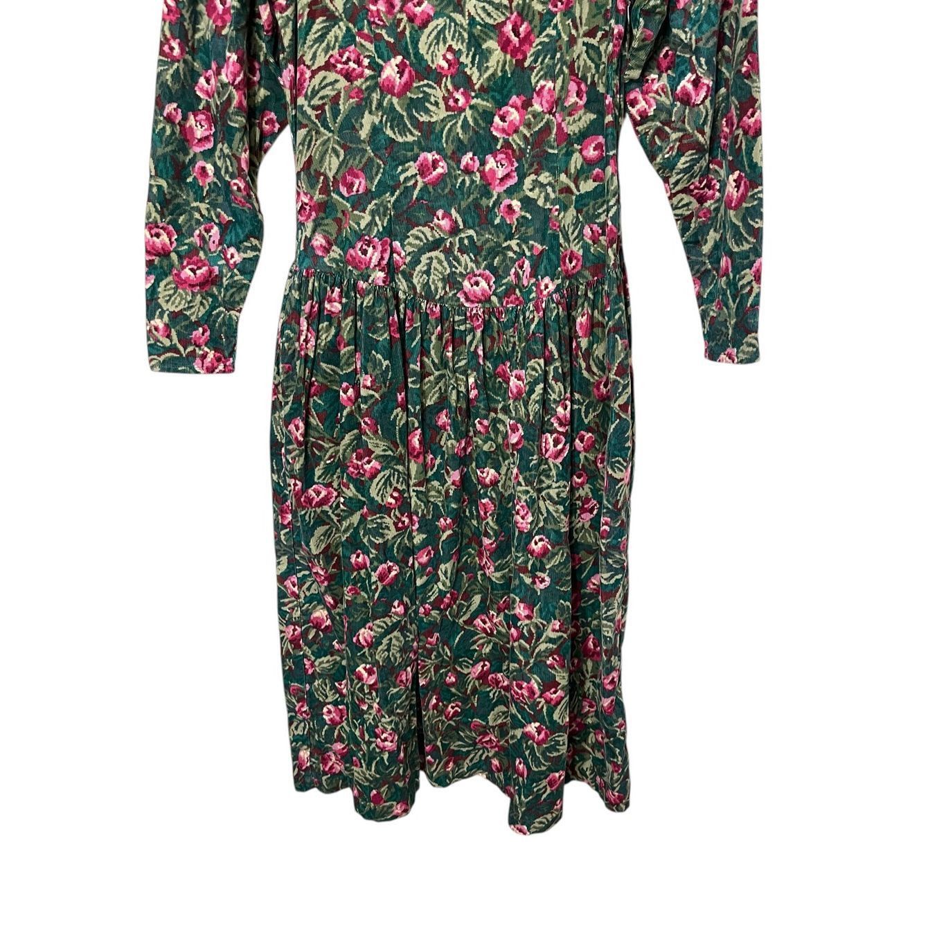 Other Vintage Eileen West Green Pink Floral Corduroy Maxi Dress Si Size M / US 6-8 / IT 42-44 - 3 Thumbnail