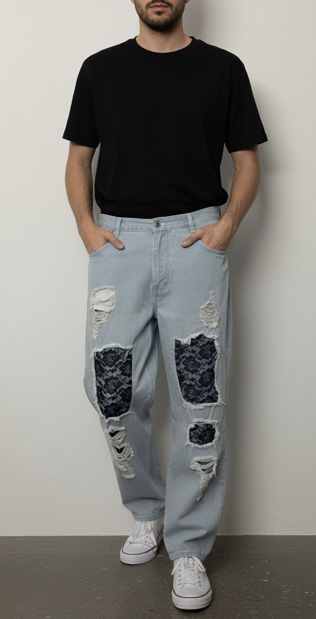 George Vintage George Patchwork Distressed Light Blue Jeans Size US 31 - 1 Thumbnail