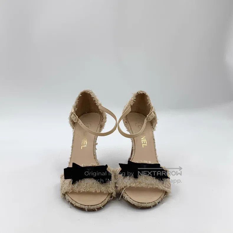 Chanel Chanel Beige bow tweed thin-heeled high-heeled sandals Size US 7.5 / IT 37.5 - 3 Thumbnail