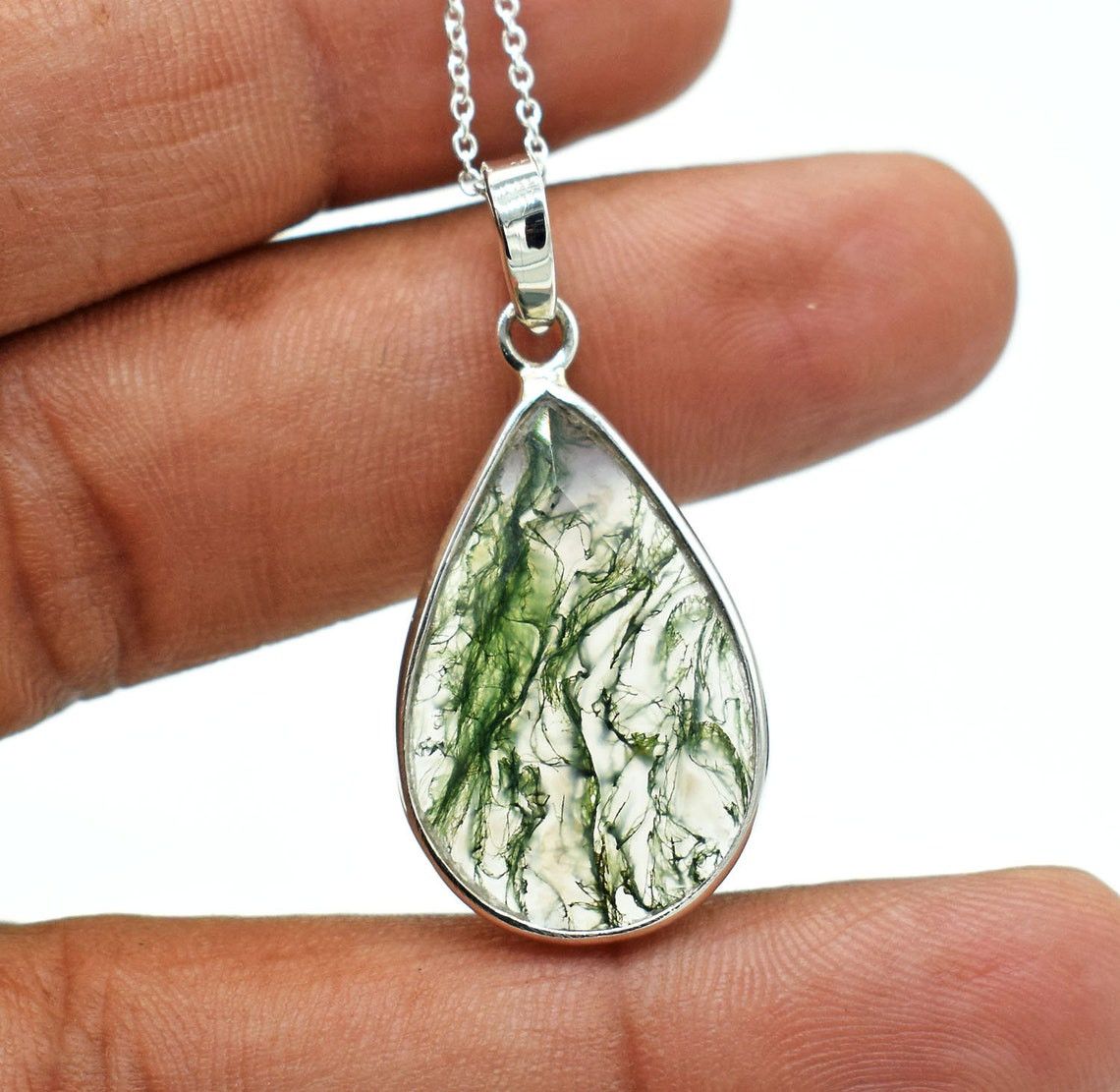 Handmade Pear Moss Agate Pendant: Bezel Set, 925 Silver Necklace Size ONE SIZE - 5 Thumbnail