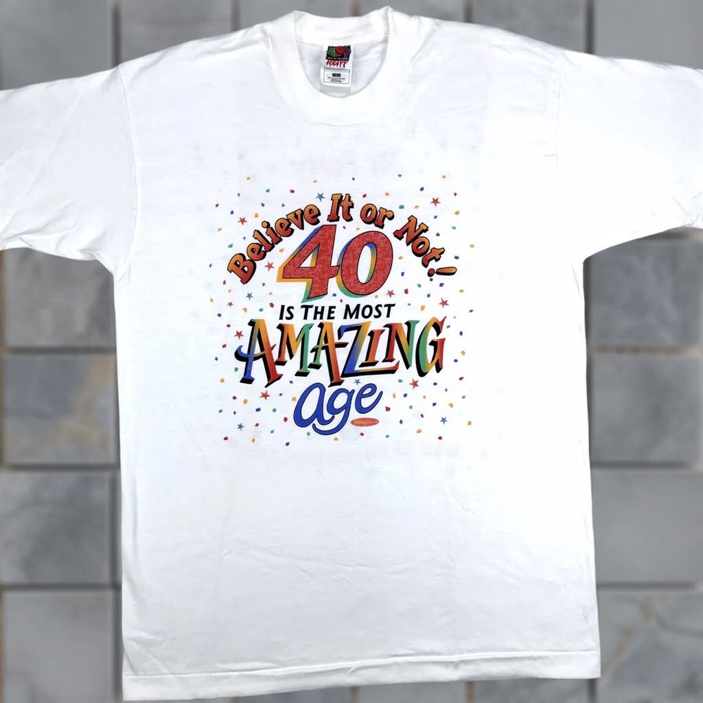 Fruit Of The Loom NOS vtg 90s RIPLEY’S BELIEVE IT OR NOT 40 IS THE MOST AMAZING AGE T-Shirt L bday Shirt Men White Cotton Double-Sided Vintage 80s 90s Funny Novelty Size US L / EU 52-54 / 3 - 1 Thumbnail