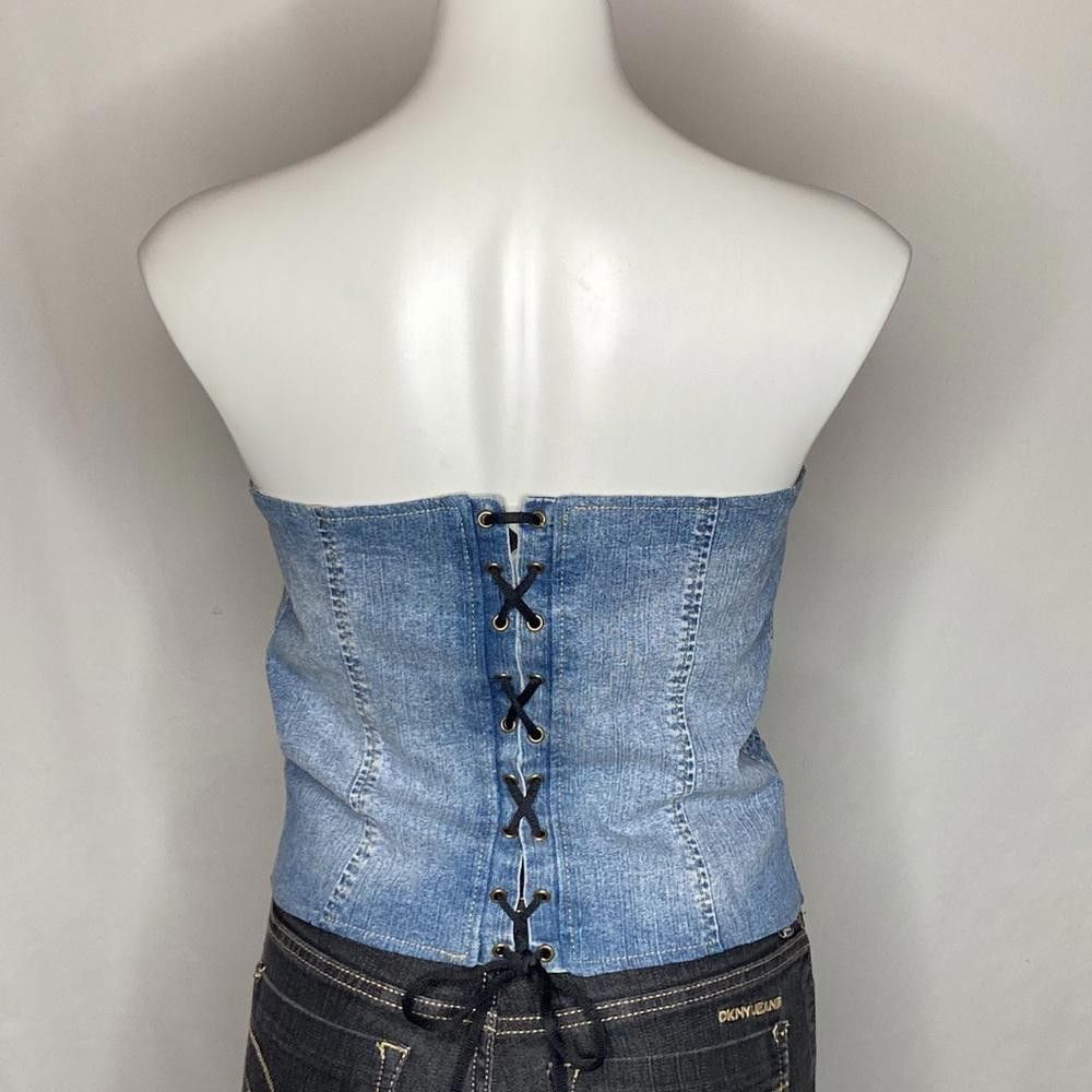 Designer Retro Denim Lace-Up Corset w/ Hook and Eye Front Closure, L Size L / US 10 / IT 46 - 3 Thumbnail